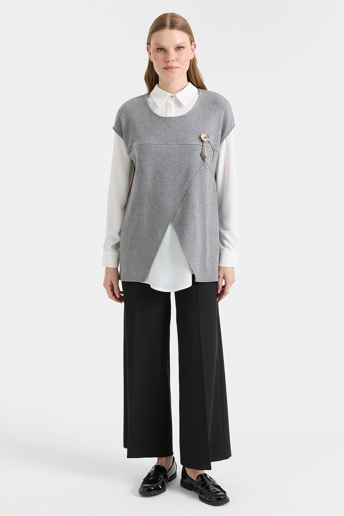 Asimetrik Kesim Broş Detaylı İkili Takım  Antrasit