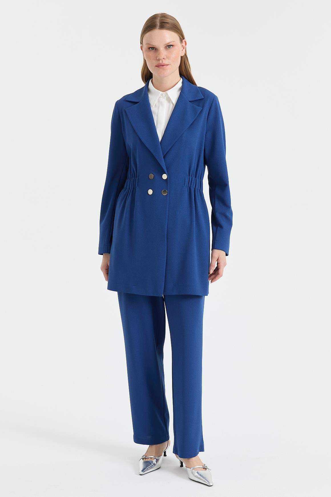 Beli Büzgülü Ceket Pantolon Takım  İndigo