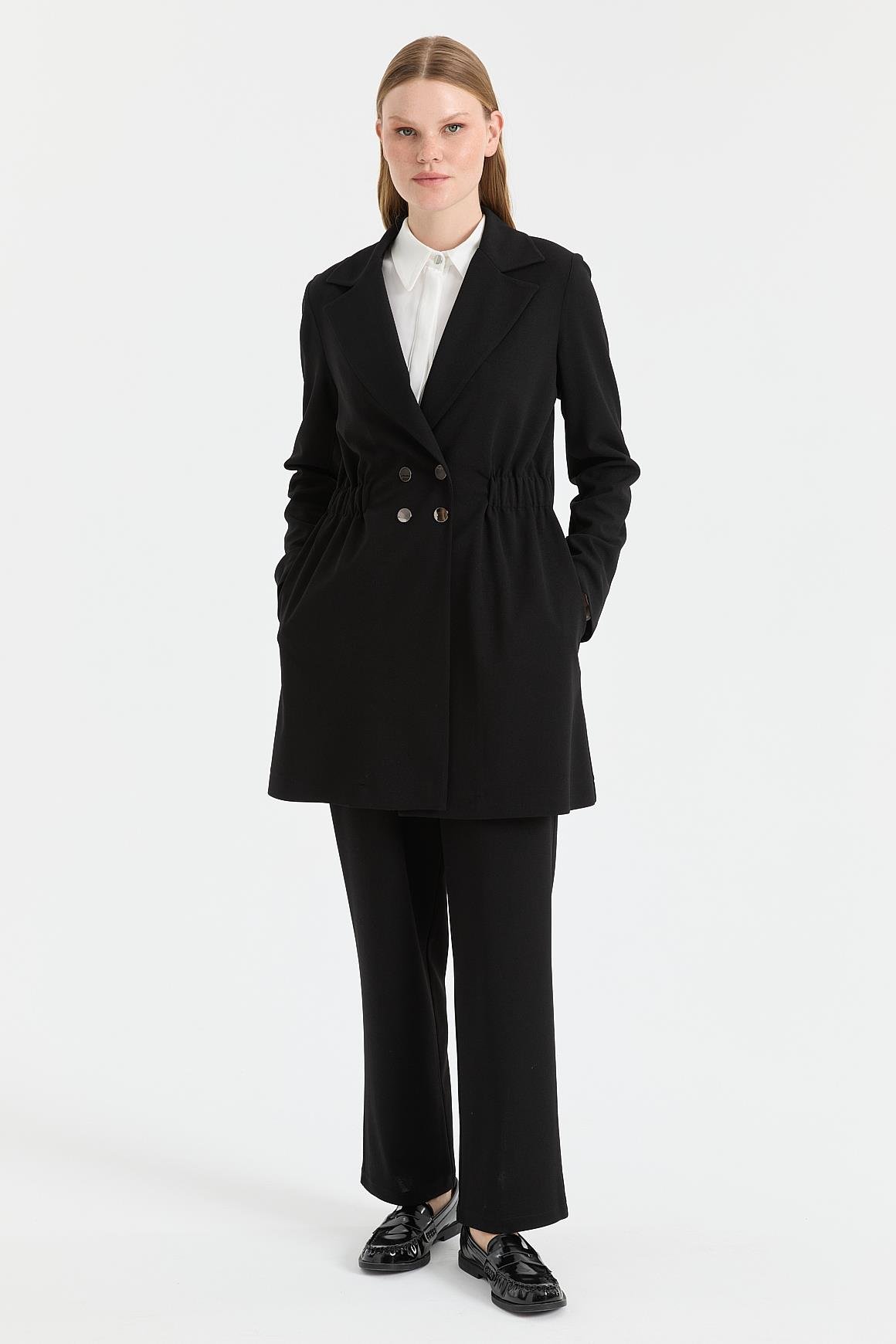 Beli Büzgülü Ceket Pantolon Takım  Siyah