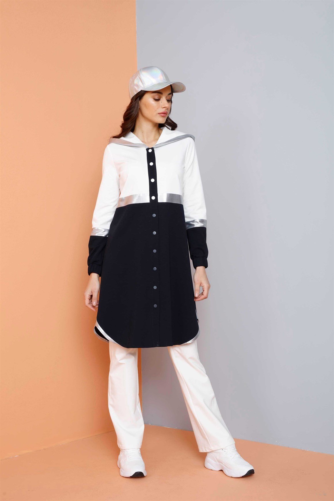 Beyaz - 2'li Çıt Çıtlı Kapşonlu Pantolonlu Eşofman Takım