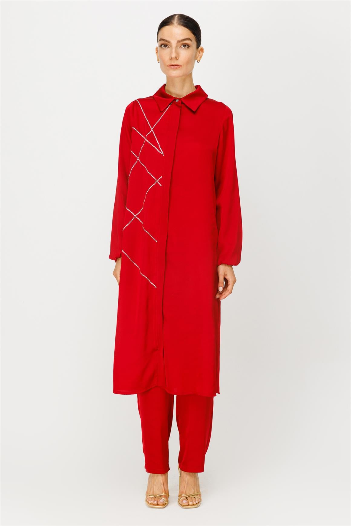 Taş Yapıştırma Detaylı Tunik Pantolon Takım  Kırmızı · 2