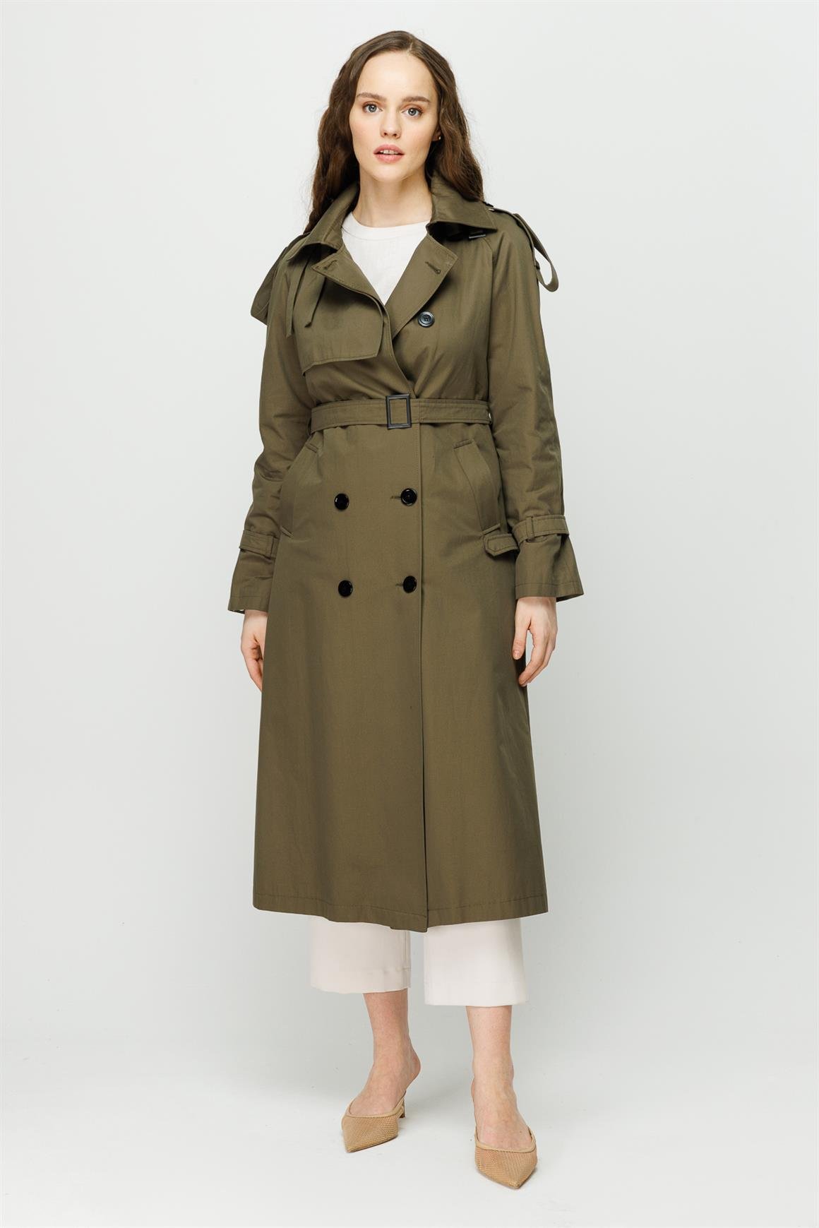 Apolet ve Aller Detaylı Trençkot  Haki