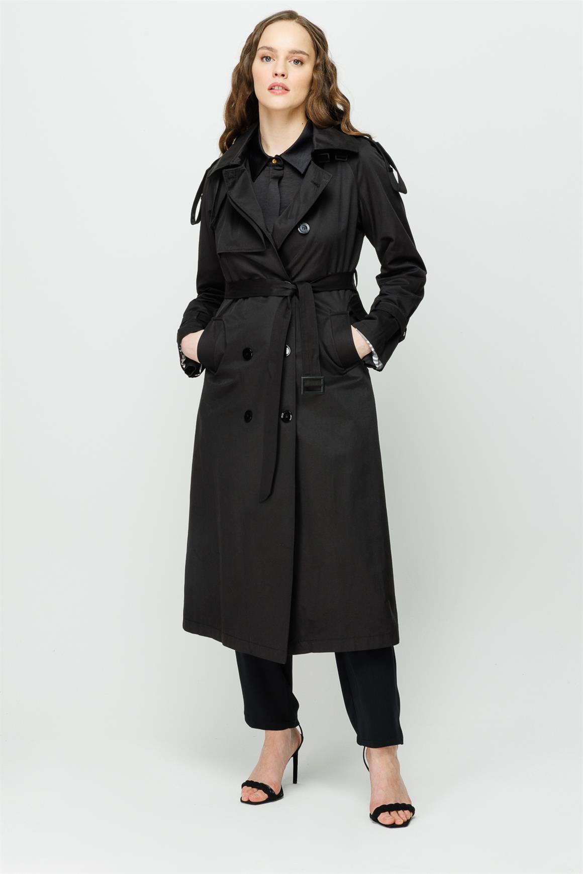 Apolet ve Aller Detaylı Trençkot  Siyah