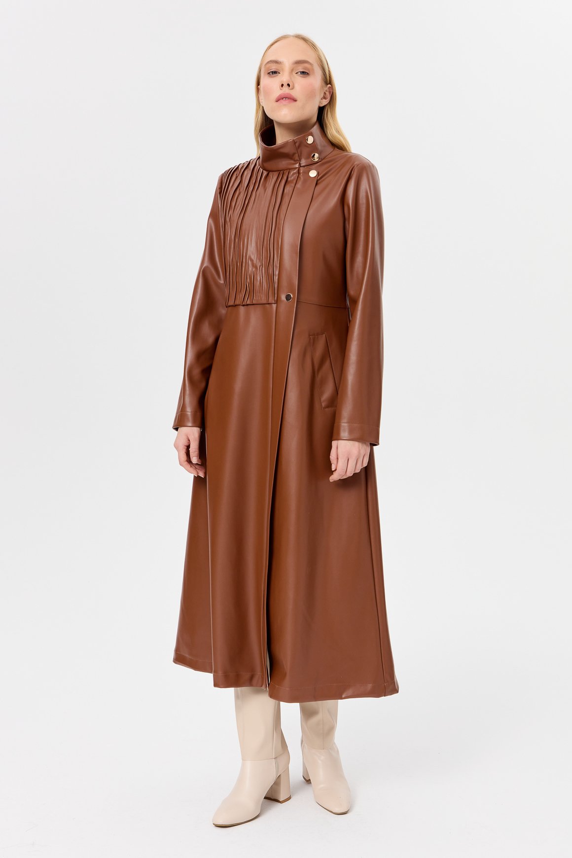 Kraş Detaylı Aller Kapamalı İçi Süet Kaplı Deri Trenç  Taba