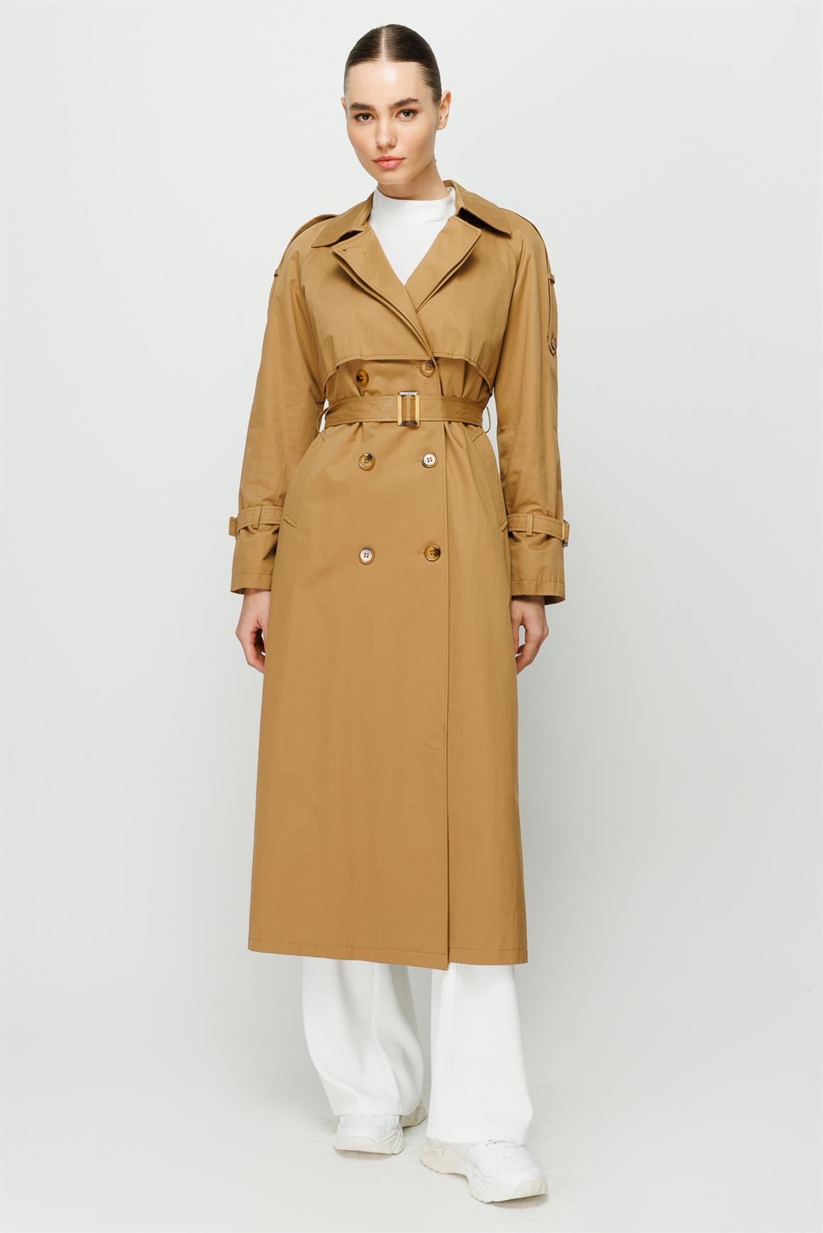 Reglan Kollu Aller Detaylı Kruvaze Kapamalı Trençkot  Camel
