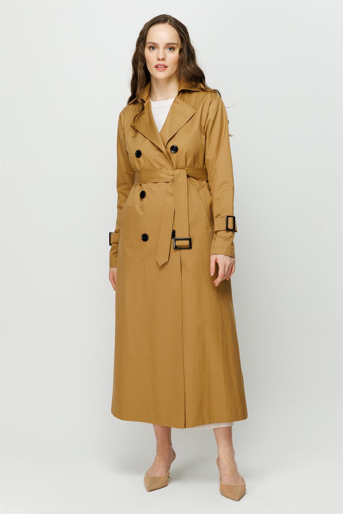 Reglan Kollu Kruvaze Kapamalı Trençkot  Camel