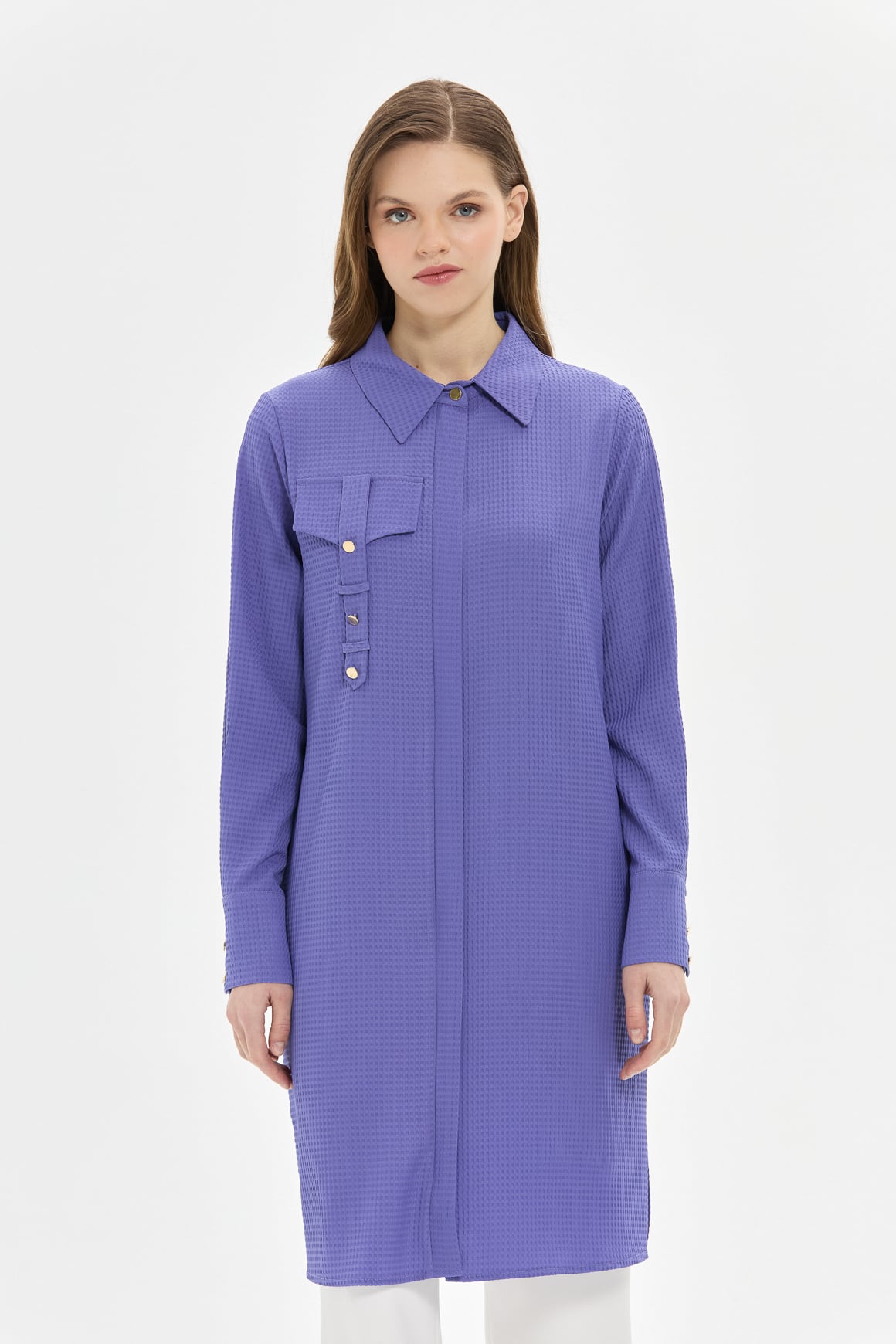 Textured Tunic with Gold Button Details - 