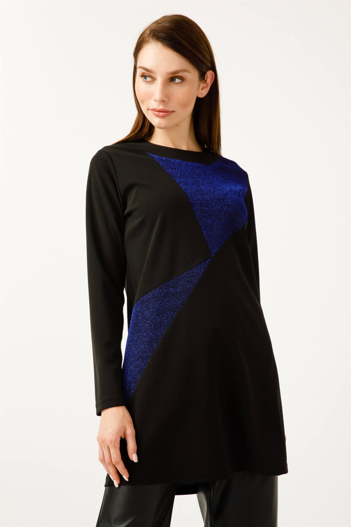 Asimetrik Işıltı Detaylı Tunik  Saks