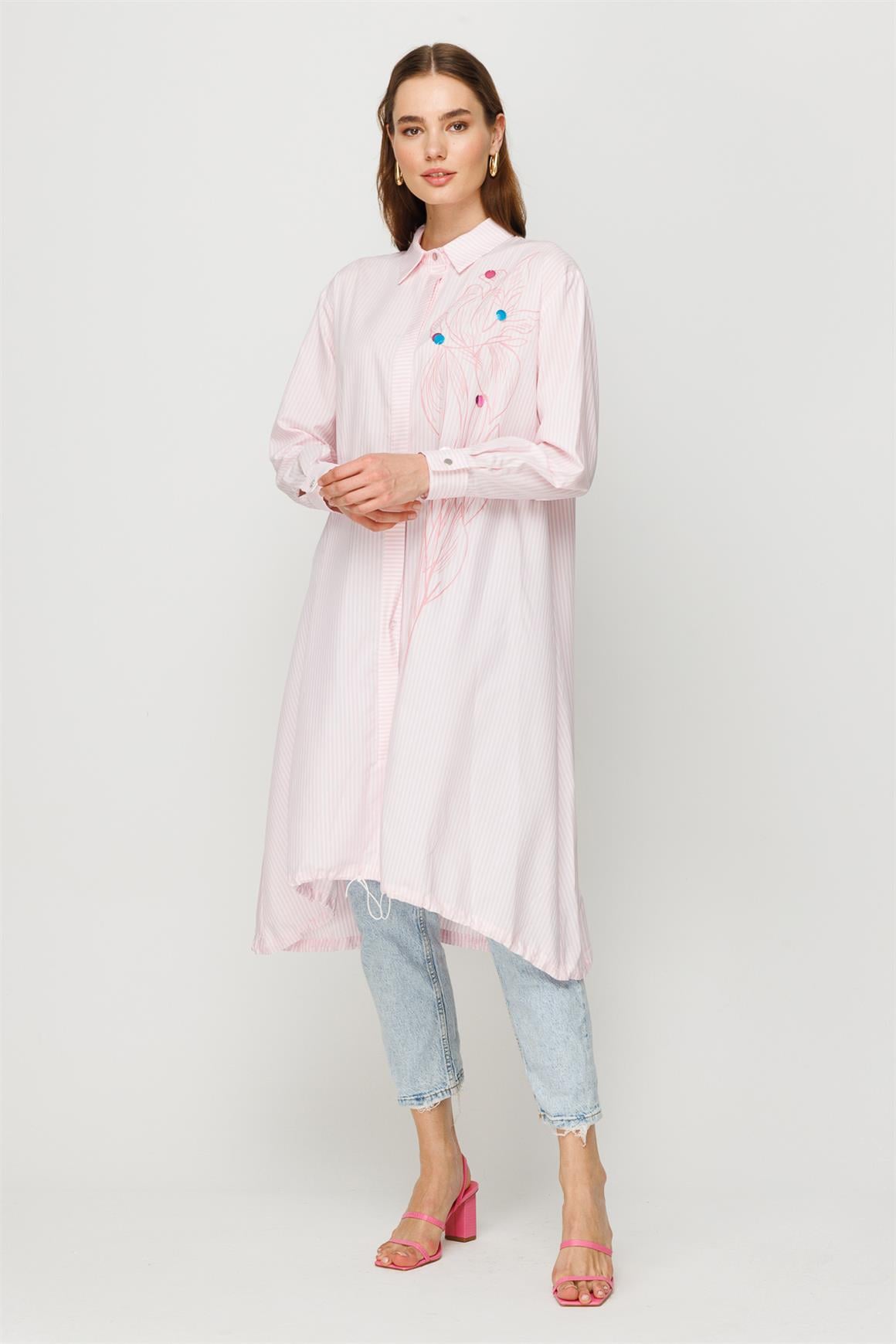 Baskı Detaylı Alttan Büzgülü Oversize Tunik  Pembe · 3