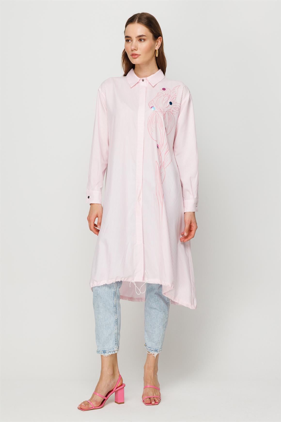 Baskı Detaylı Alttan Büzgülü Oversize Tunik  Pembe