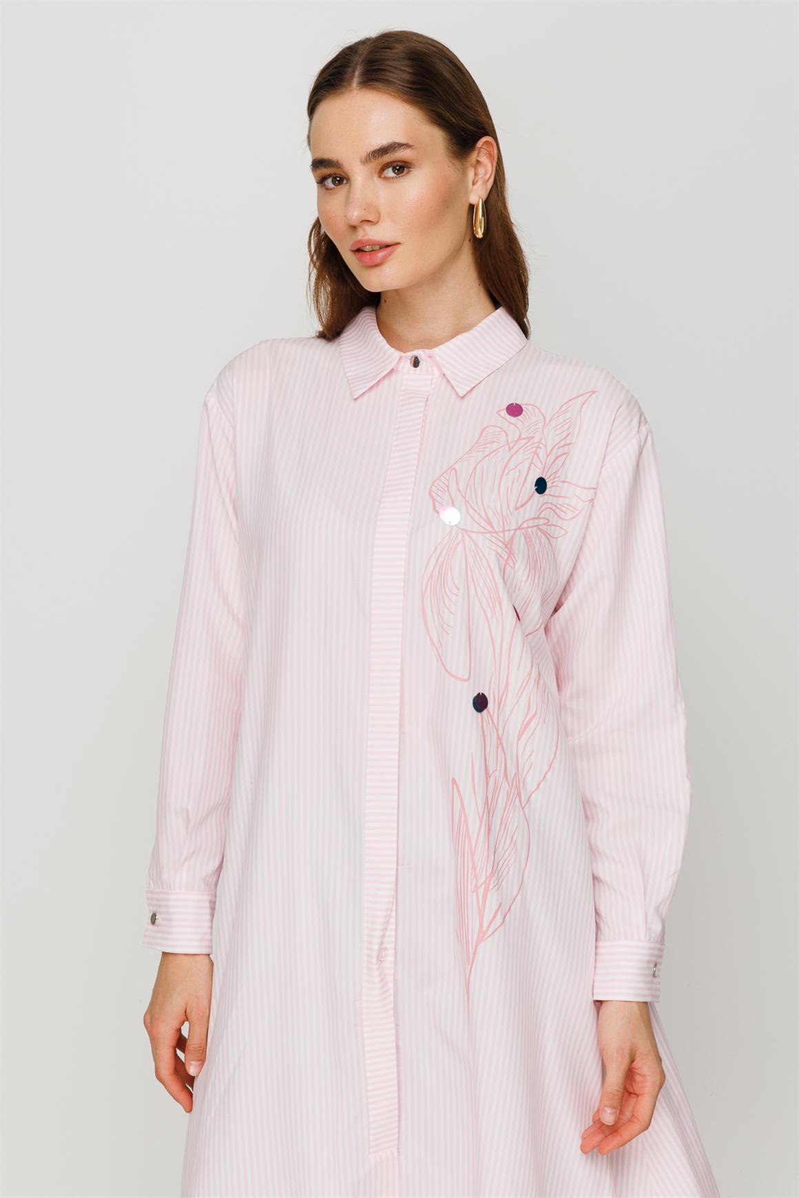 Baskı Detaylı Alttan Büzgülü Oversize Tunik  Pembe · 4