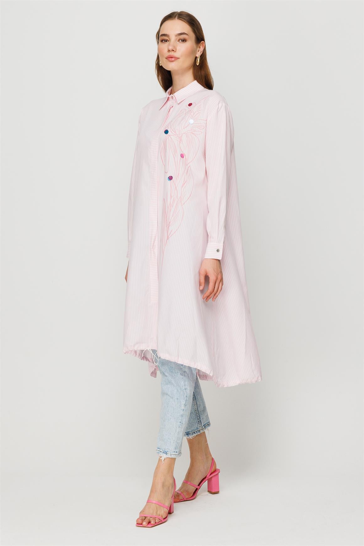 Baskı Detaylı Alttan Büzgülü Oversize Tunik  Pembe · 2