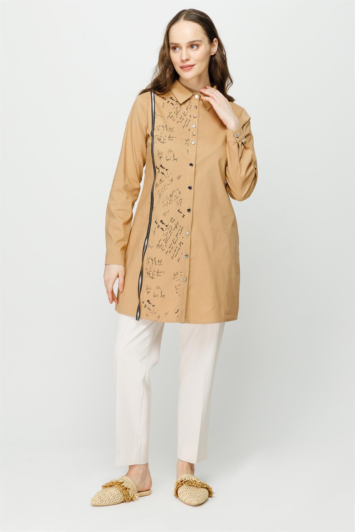 Baskı Detaylı Pamuklu Tunik  Camel