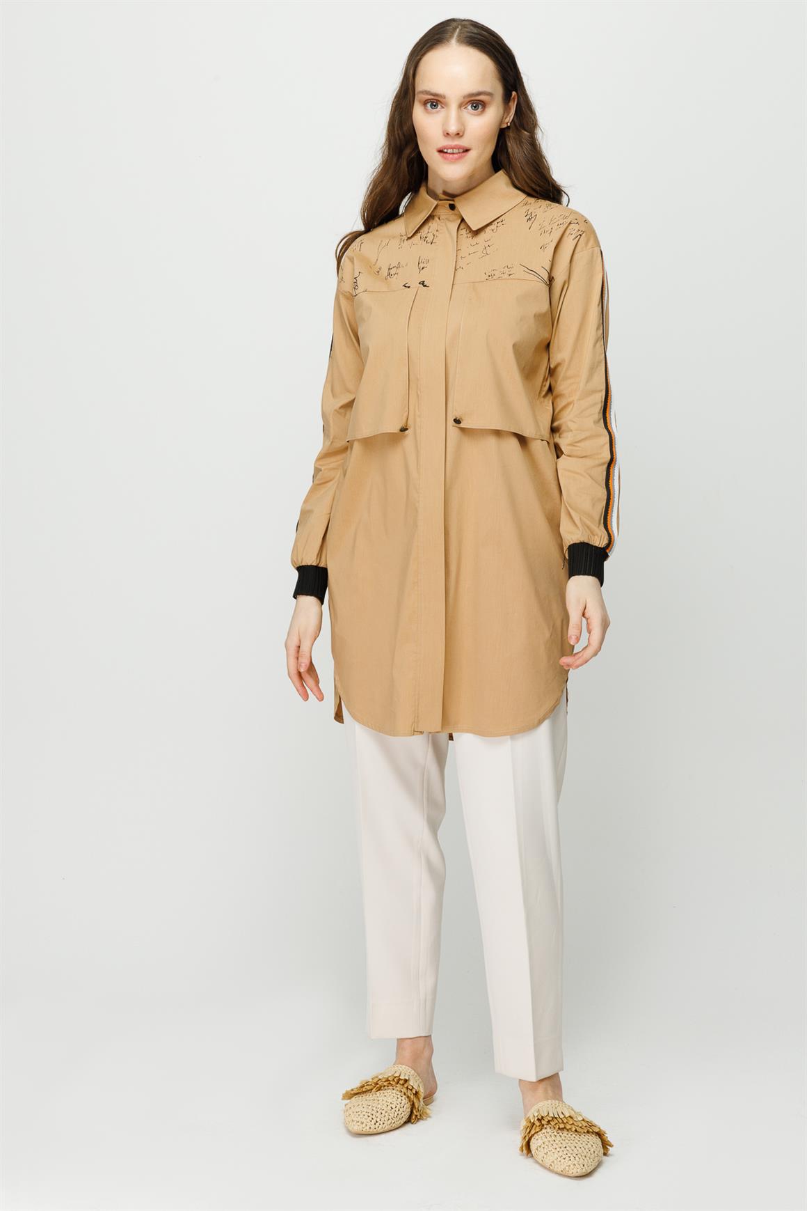 Baskı ve Aller Detaylı Pamuklu Tunik  Camel