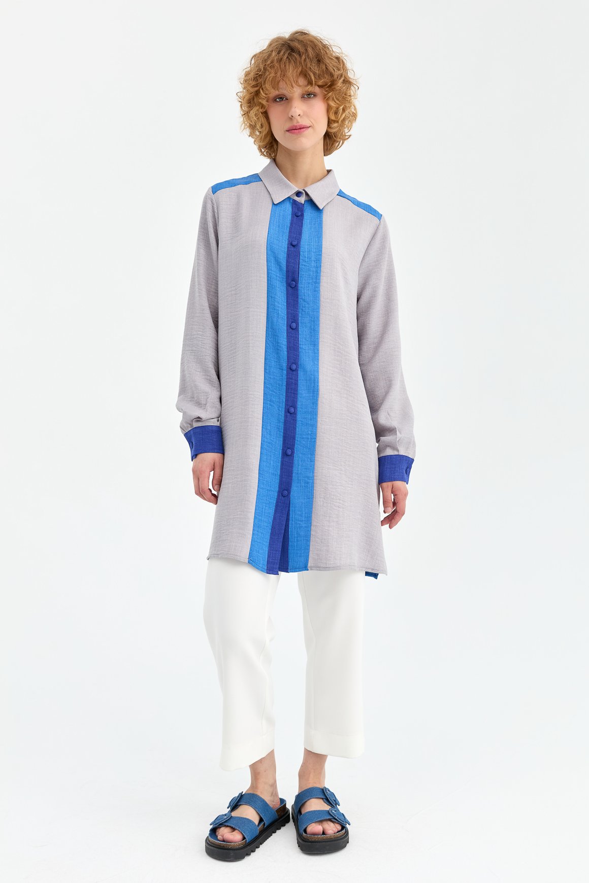 Blok Renk Detaylı Tunik  Gri