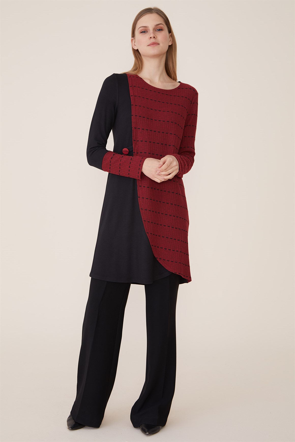Bordo - Düğme Aksesuarlı Tunik