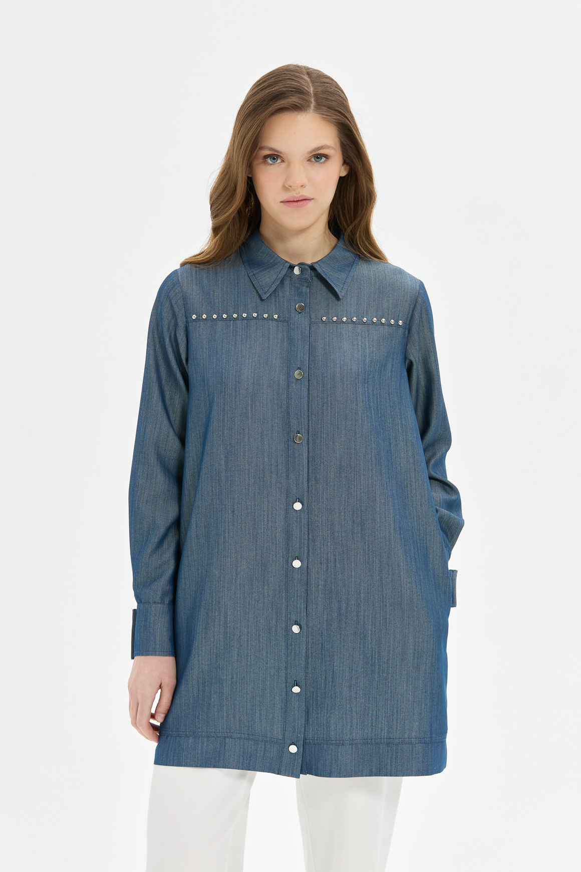Çakma Detaylı Denim Tunik  Mavi