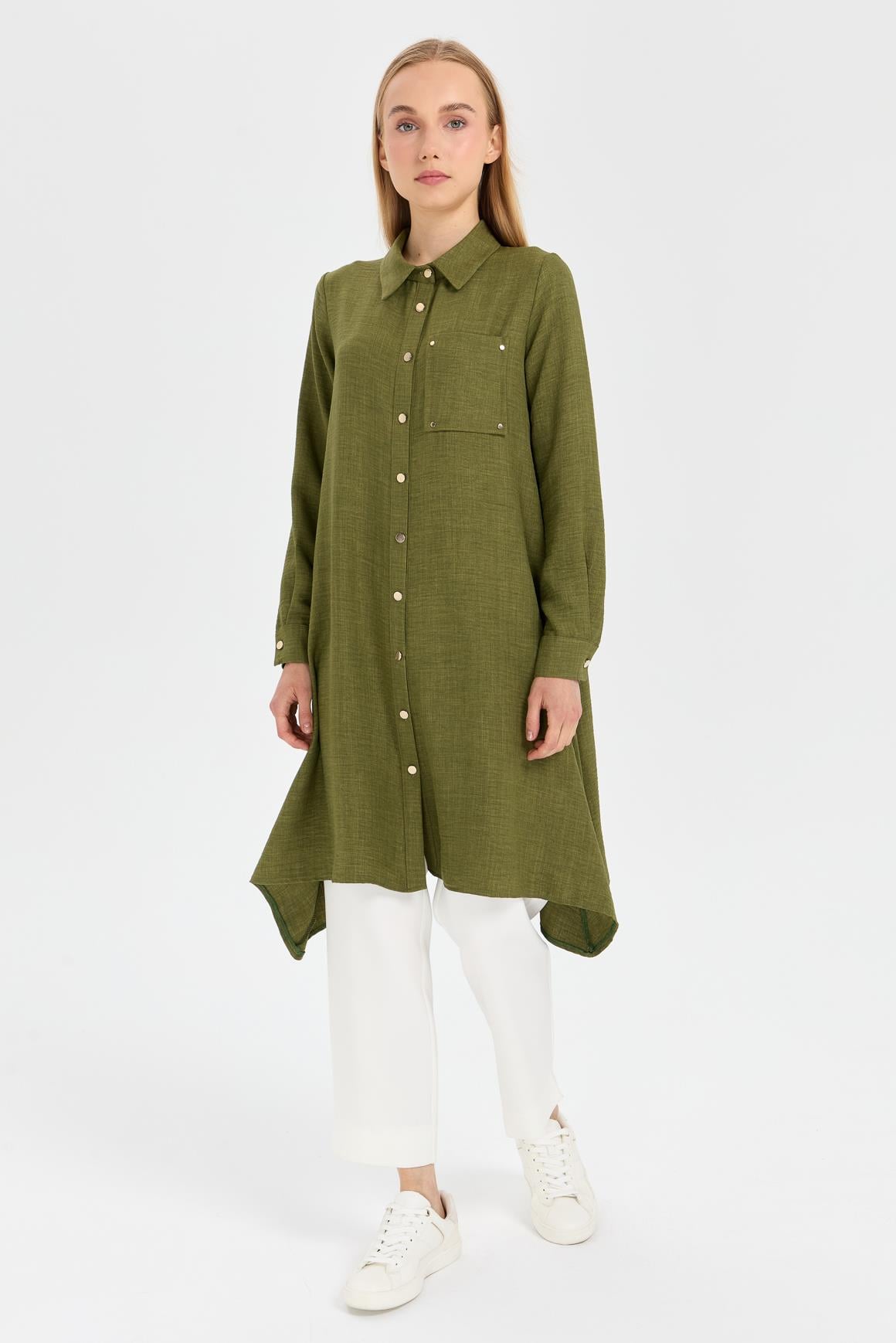 Asymmetrical Cut Tunic with Pocket Detail - Khaki