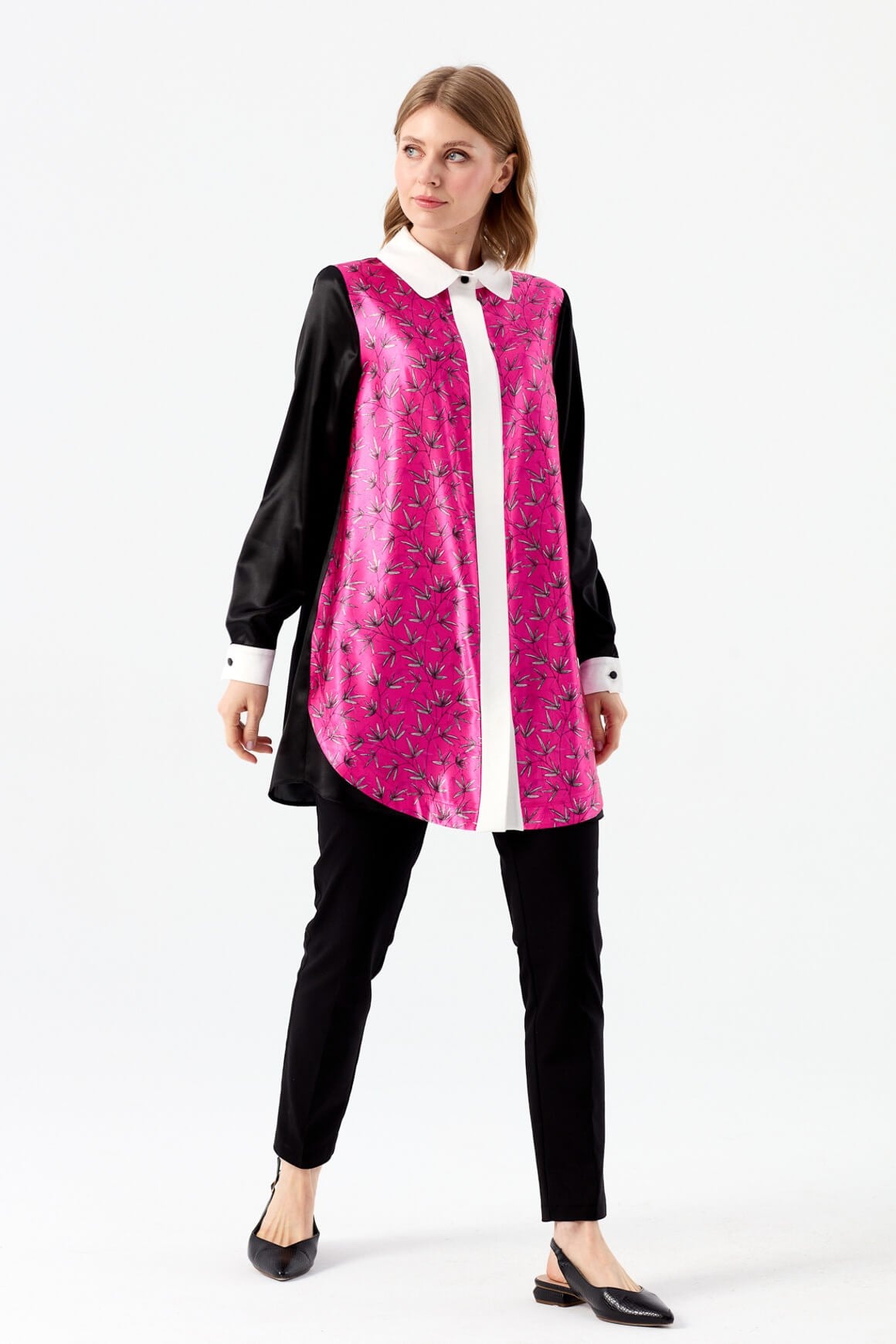 Çiçek Desen Baskılı Saten Tunik  Fuşya