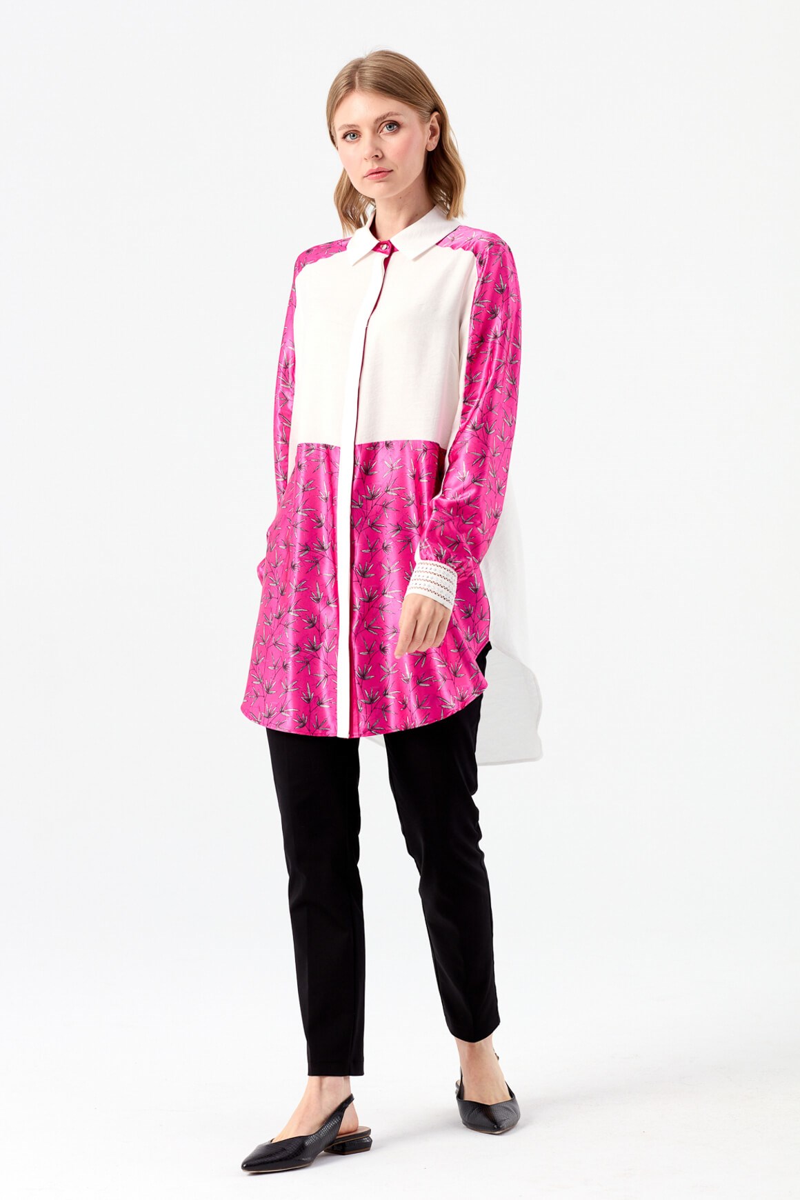 Çiçek Desen Baskılı Tunik  Fuşya