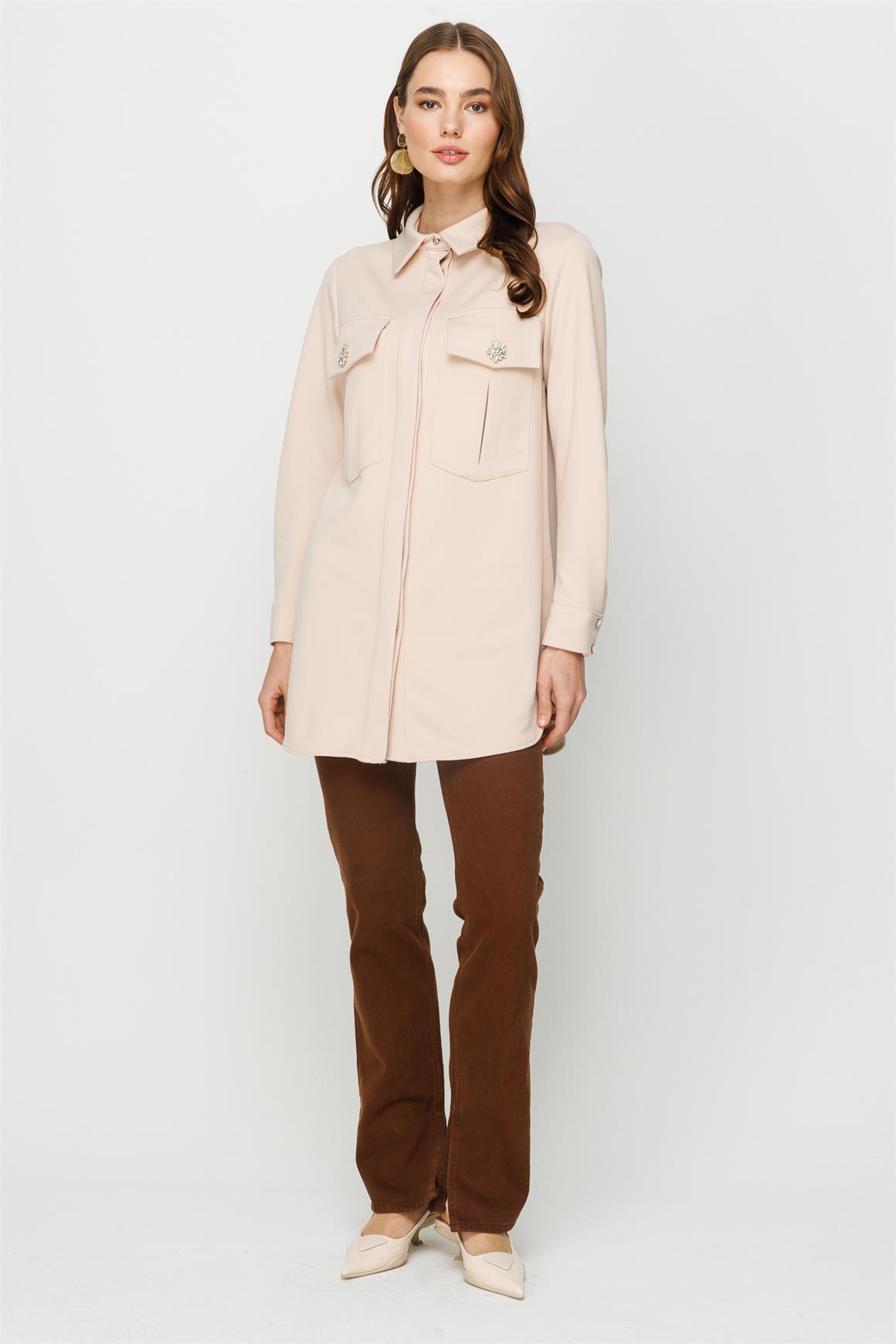 Çift Cepli Broş Detaylı Tunik  Ekru