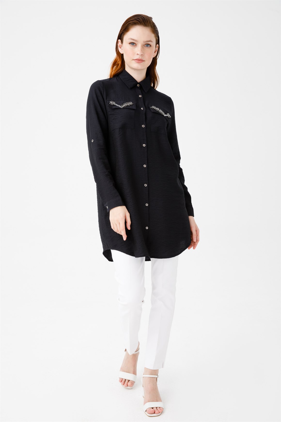 Çift Cepli Cep Kapağı Taş İşli Tunik  Siyah