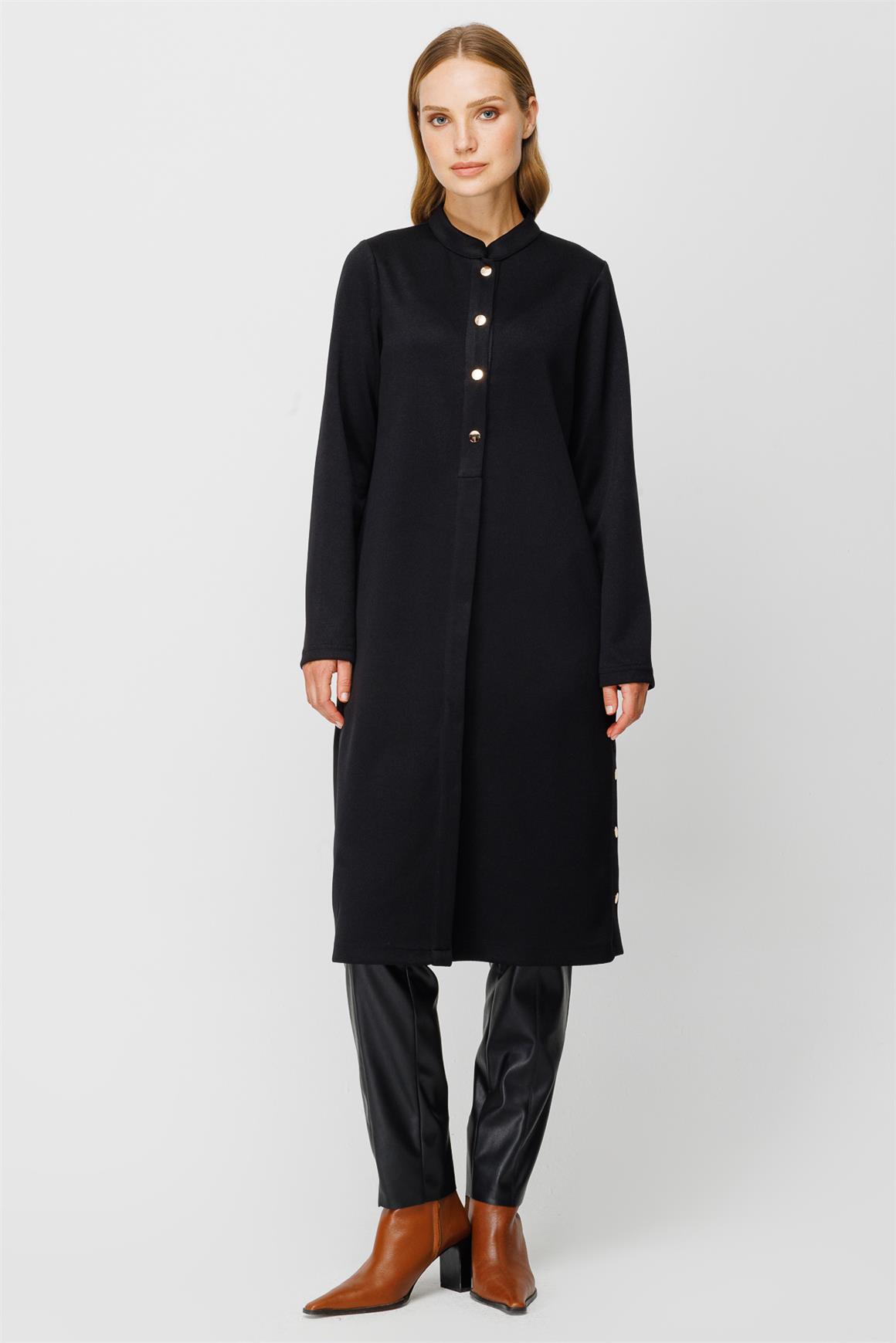 Çıt Çıt Kapamalı Yırtmaç Detaylı Uzun Tunik  Siyah