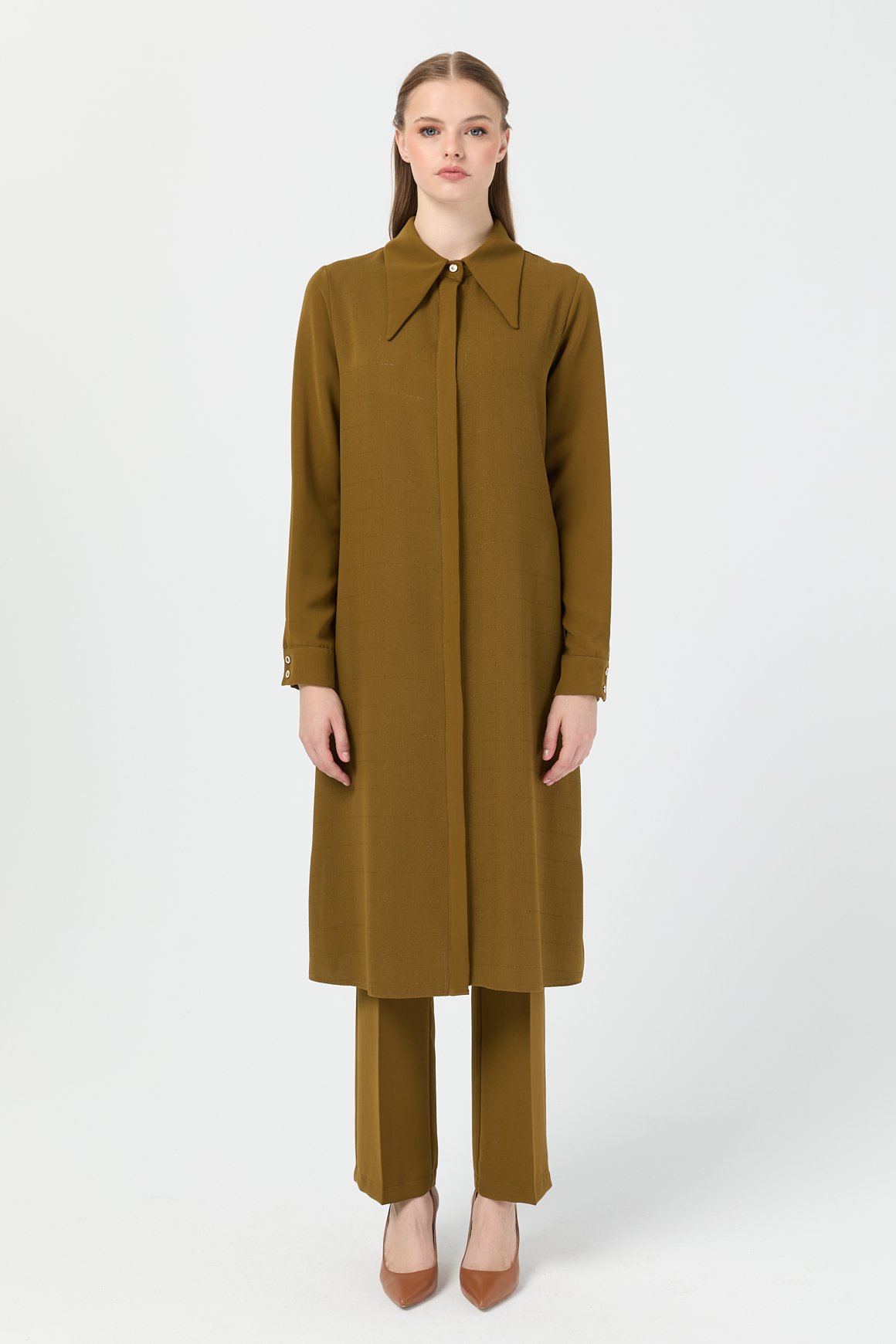 Çizgi Detaylı Geniş Yakalı Şık Tunik  Yağ Yeşili