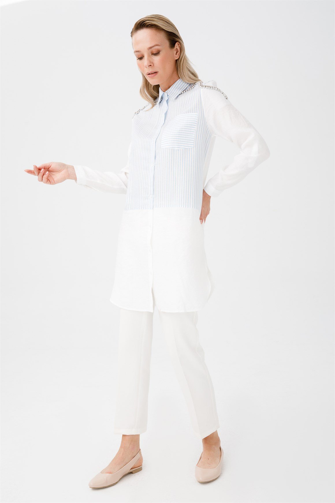 Dalga Desen Taş İşli Tunik  Mavi