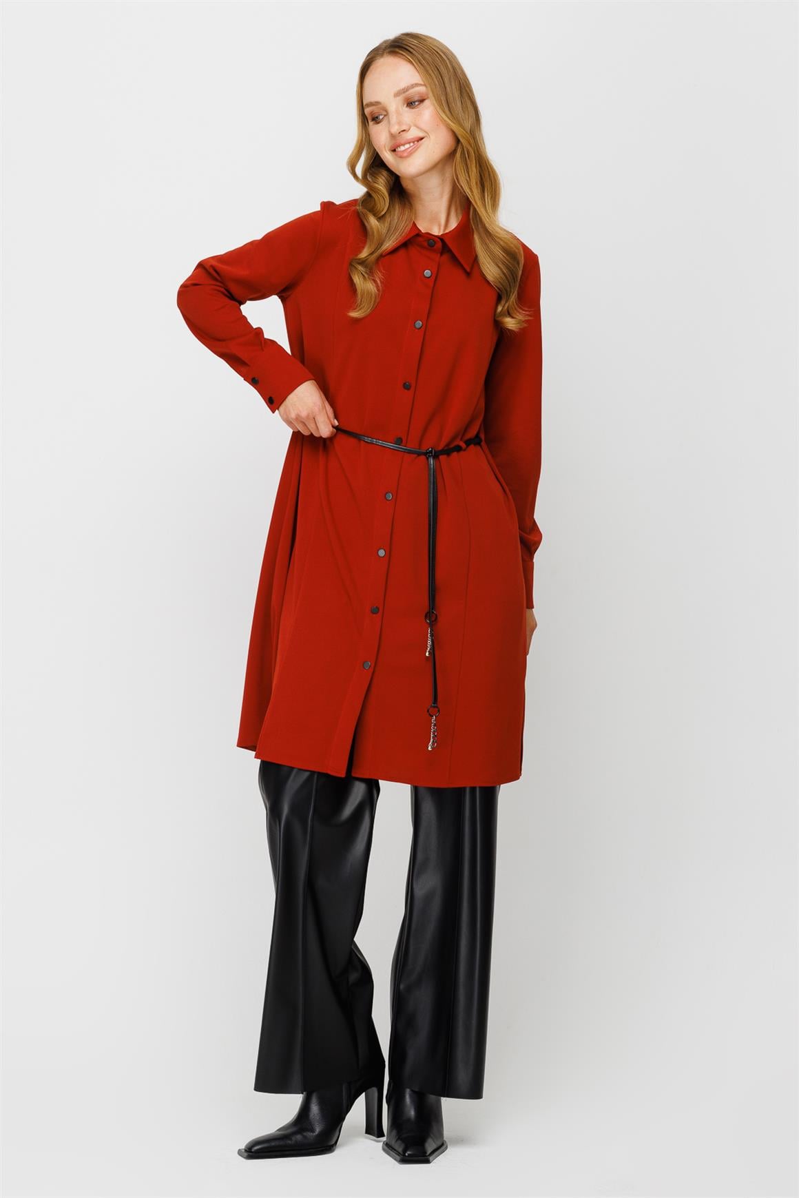 Deri Detaylı Çıt Çıt Kapamalı Tunik  Kiremit