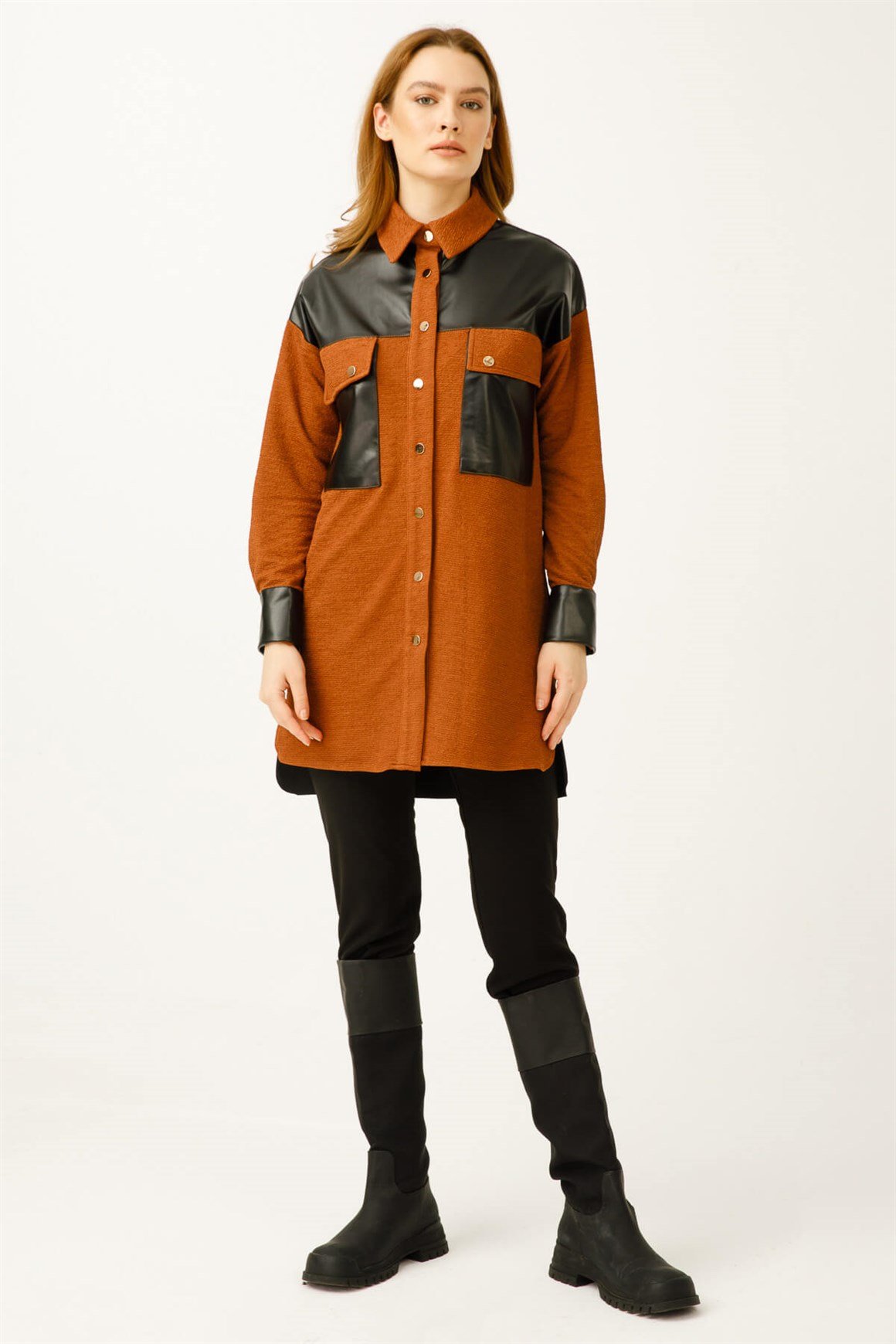 Deri Detaylı Çıt Çıt Kapamalı Tunik  Taba