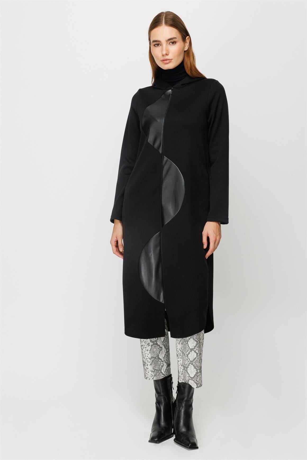 Deri Detaylı Fermuar Kapamalı Kapişonlu Giy Çık Tunik  Siyah