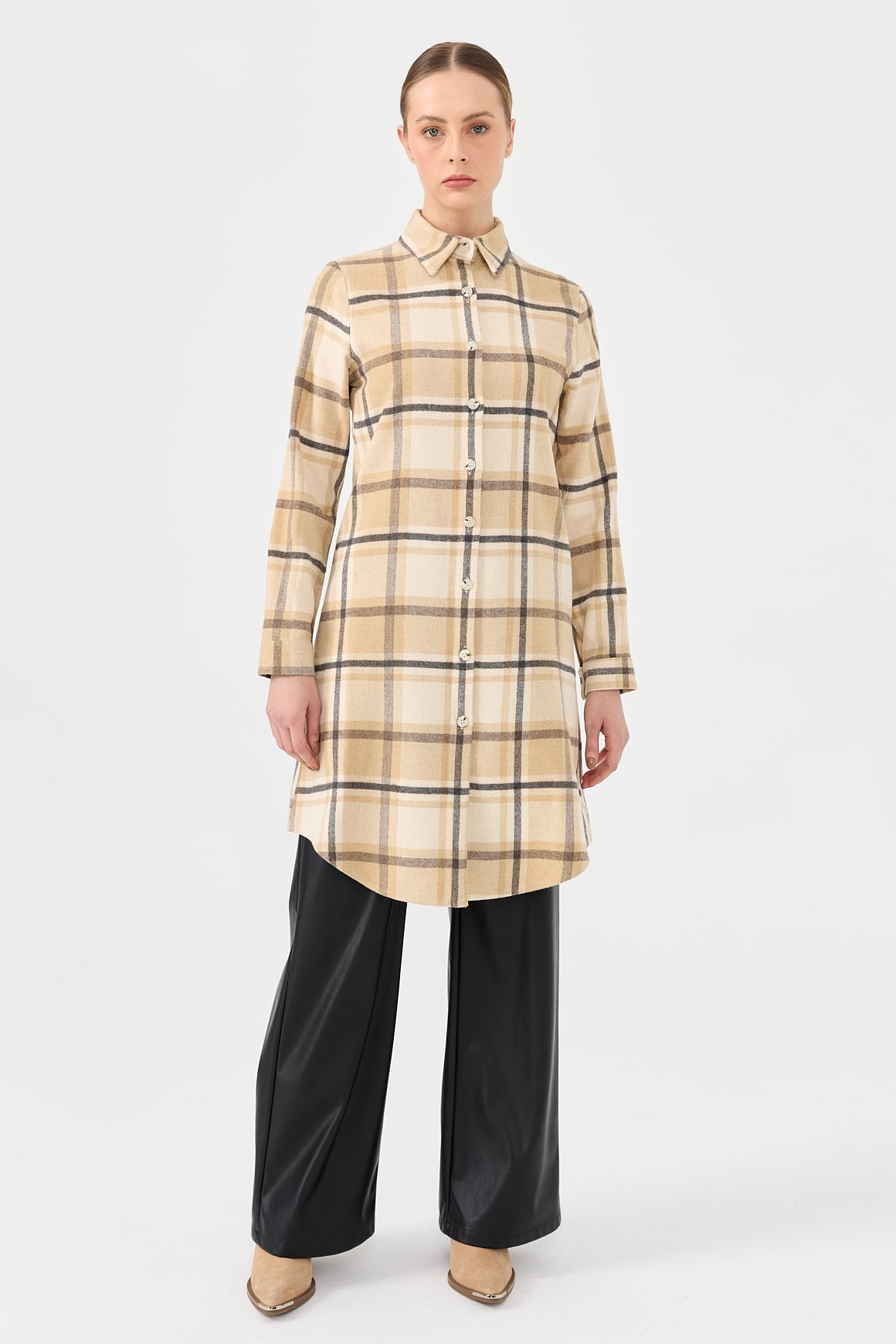 Ekose Desenli Country Tunik  Camel