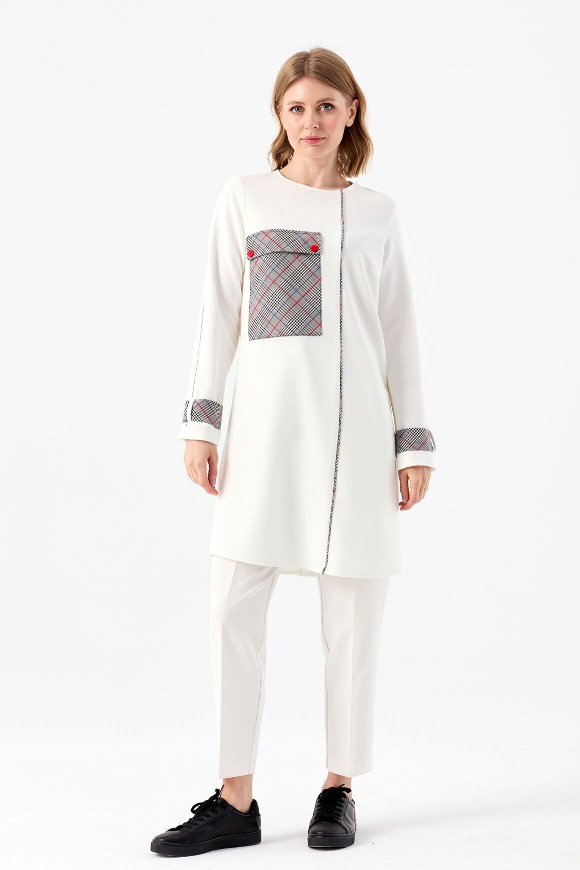 Ekose Garnili Büyük Cepli Tunik  Ekru