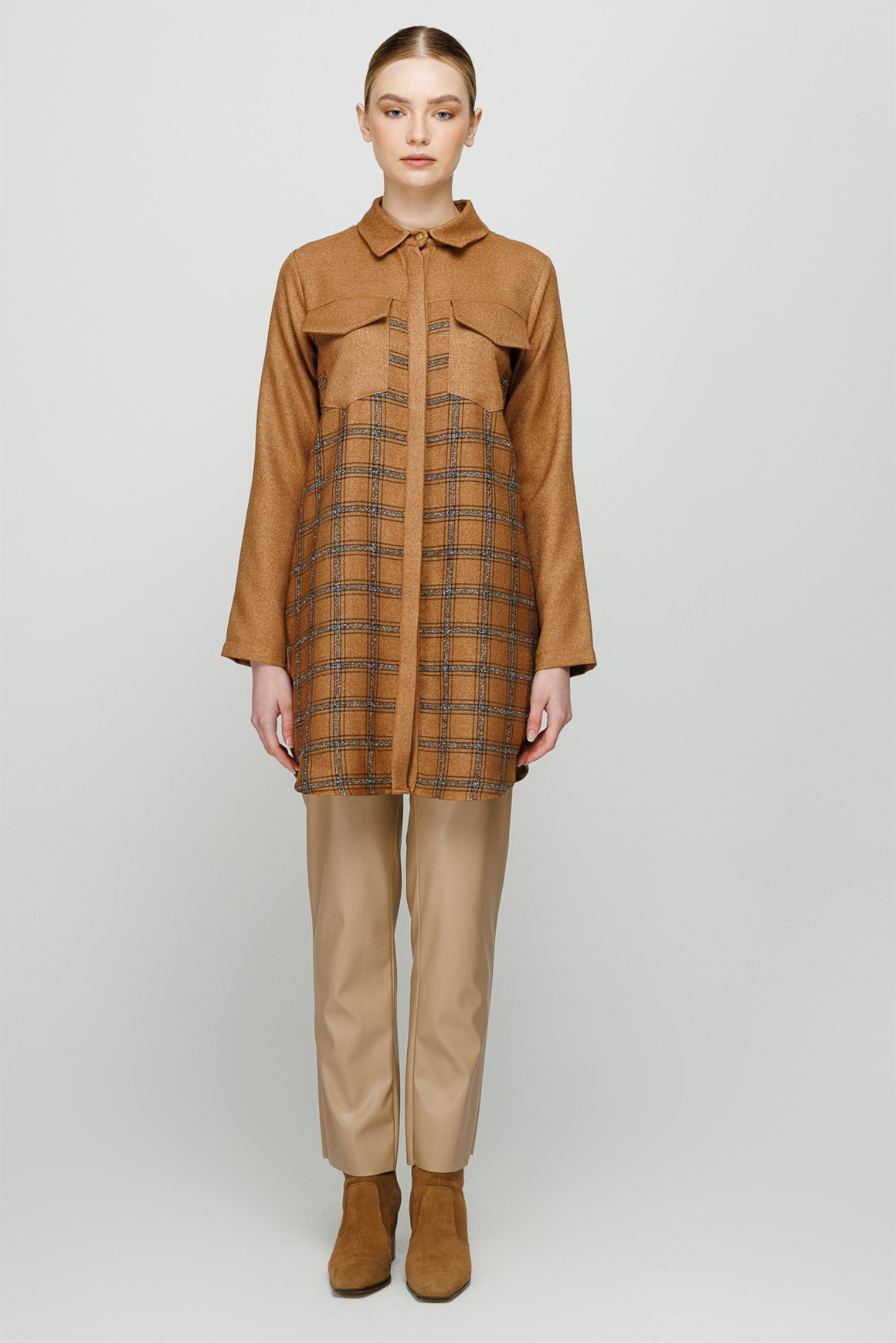 Ekose Garnili Çift Cepli Tunik  Taba