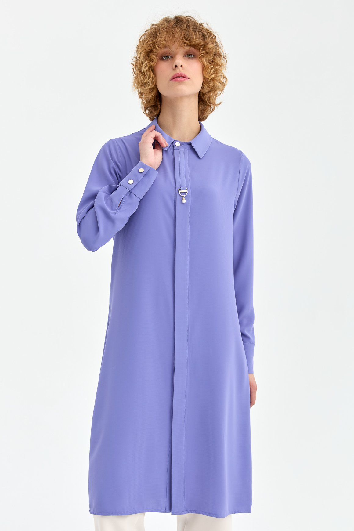 Hidden Button Pearl Accessory Detailed Long Tunic - 
