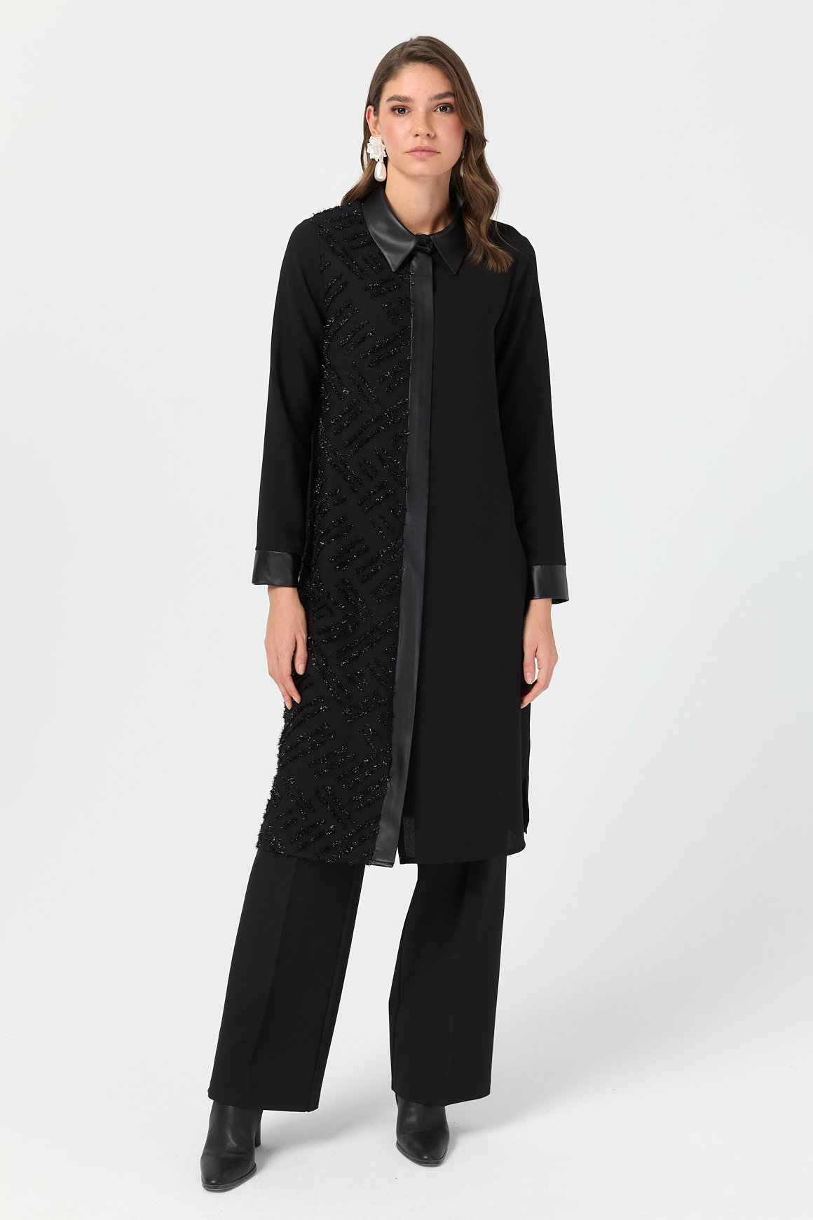 Işıltı Garnili Uzun Tunik  Siyah