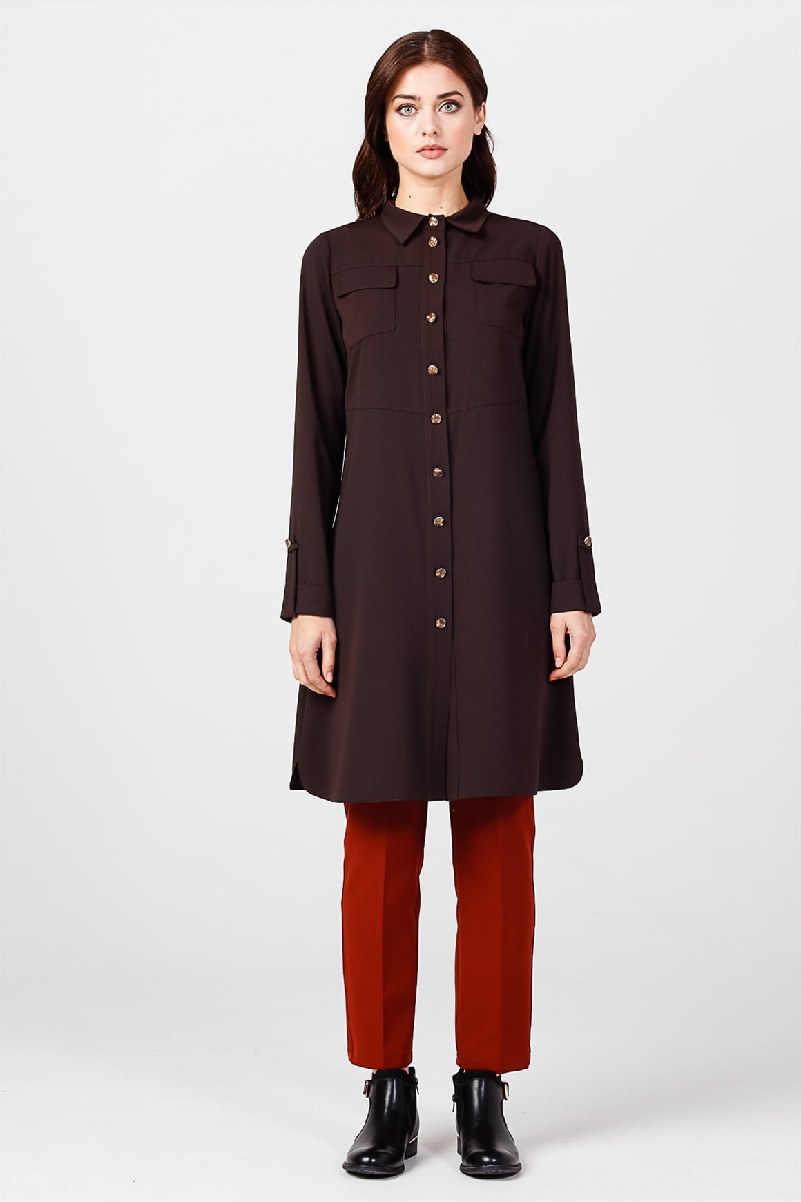 Brown - Buttoned Sleeve Detailed Tunic