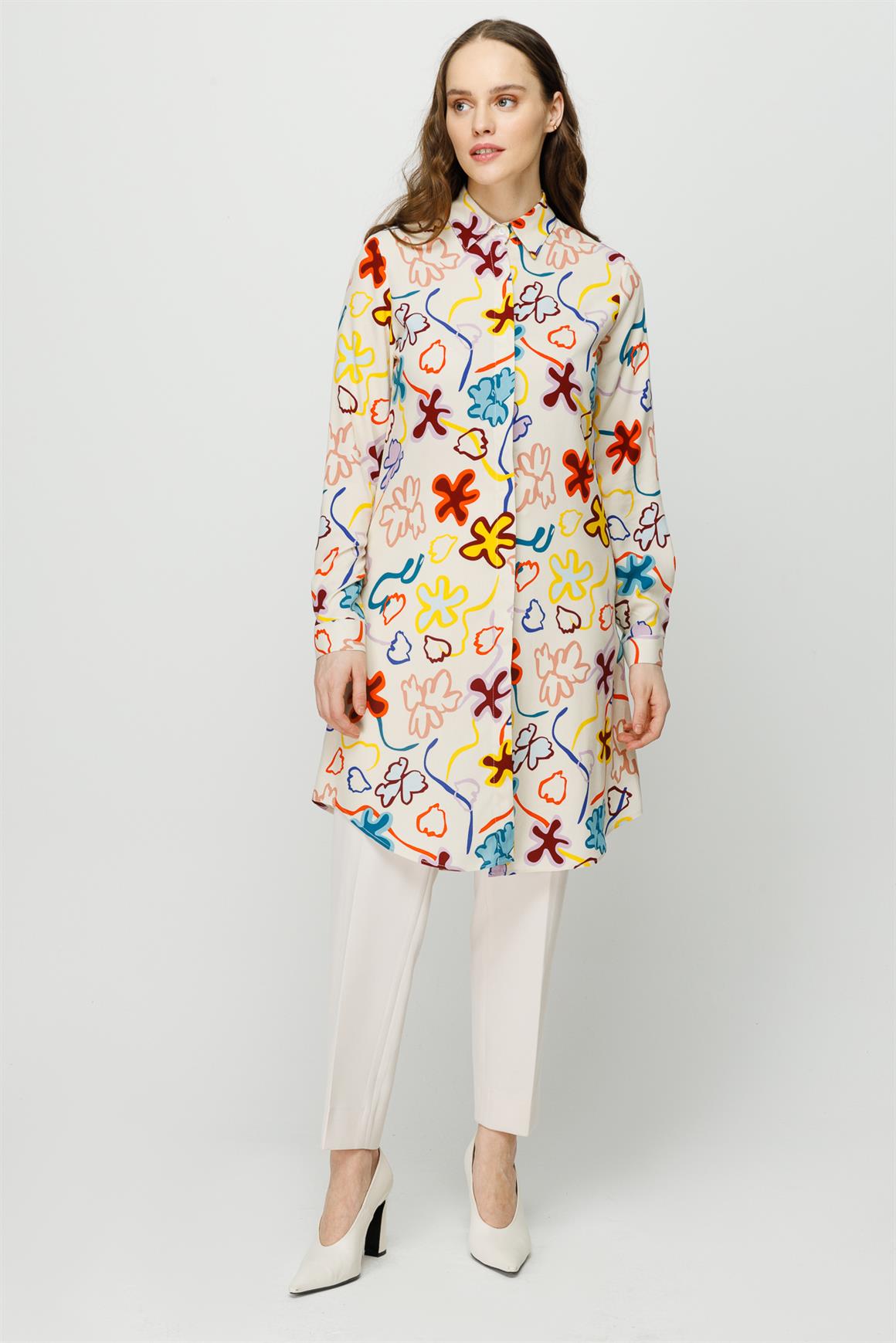 Karışık Desenli Tunik  Ekru