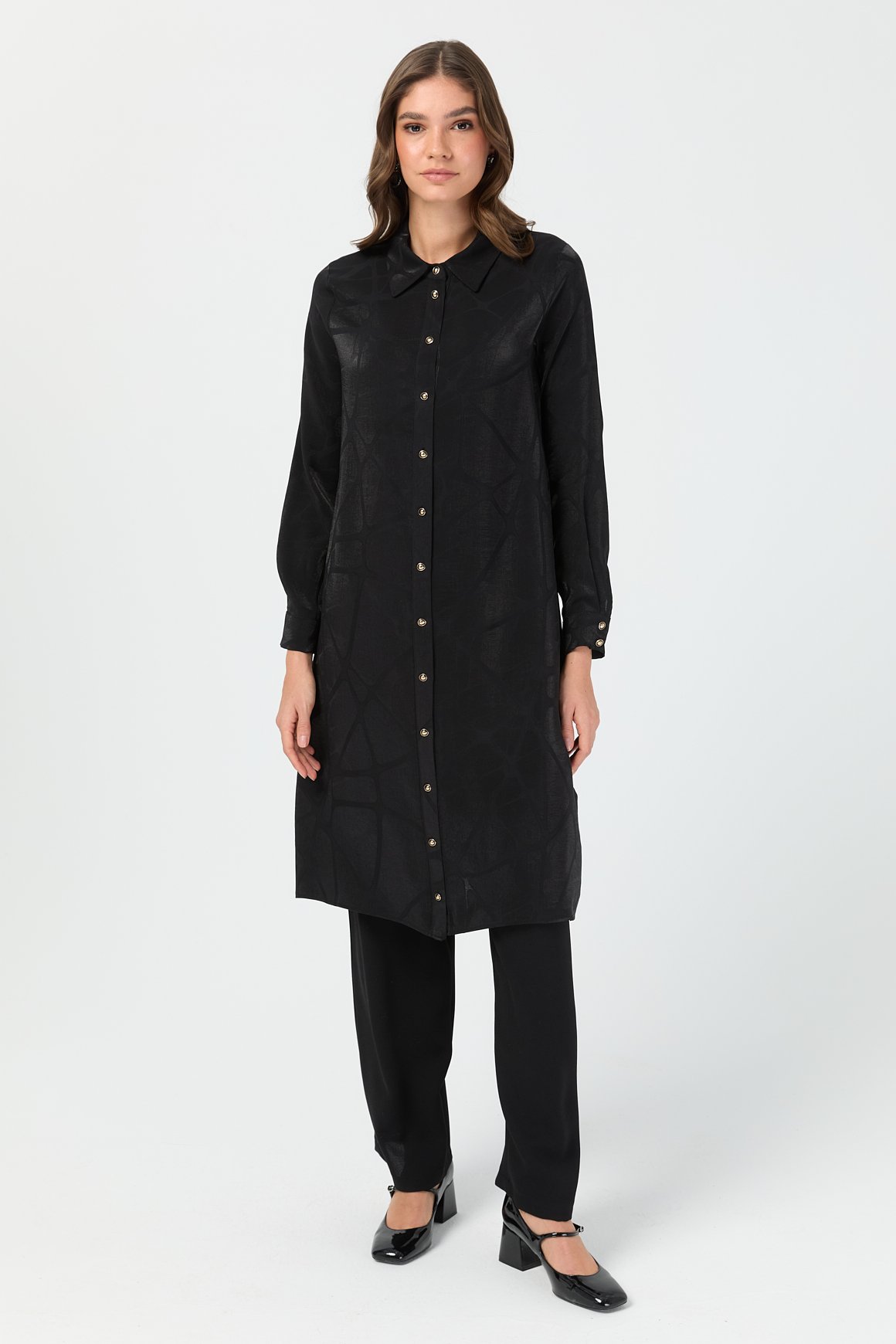 Kendinden Desenli Şık Tunik  Siyah