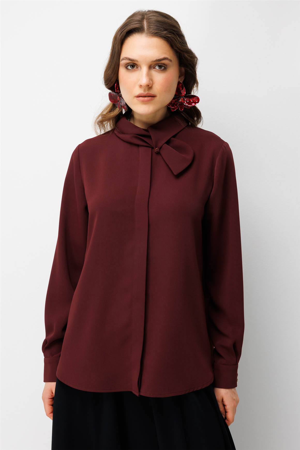Kendinden Fular Detaylı Tunik  Bordo