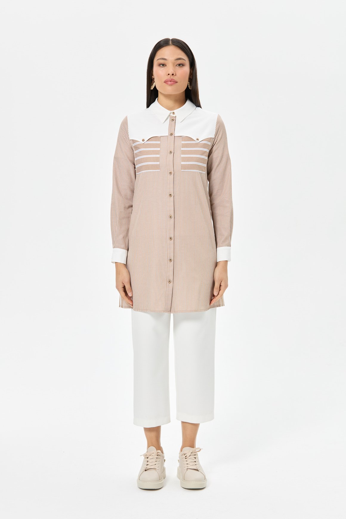 Kombin Detaylı Çizgili Tunik  Vizon