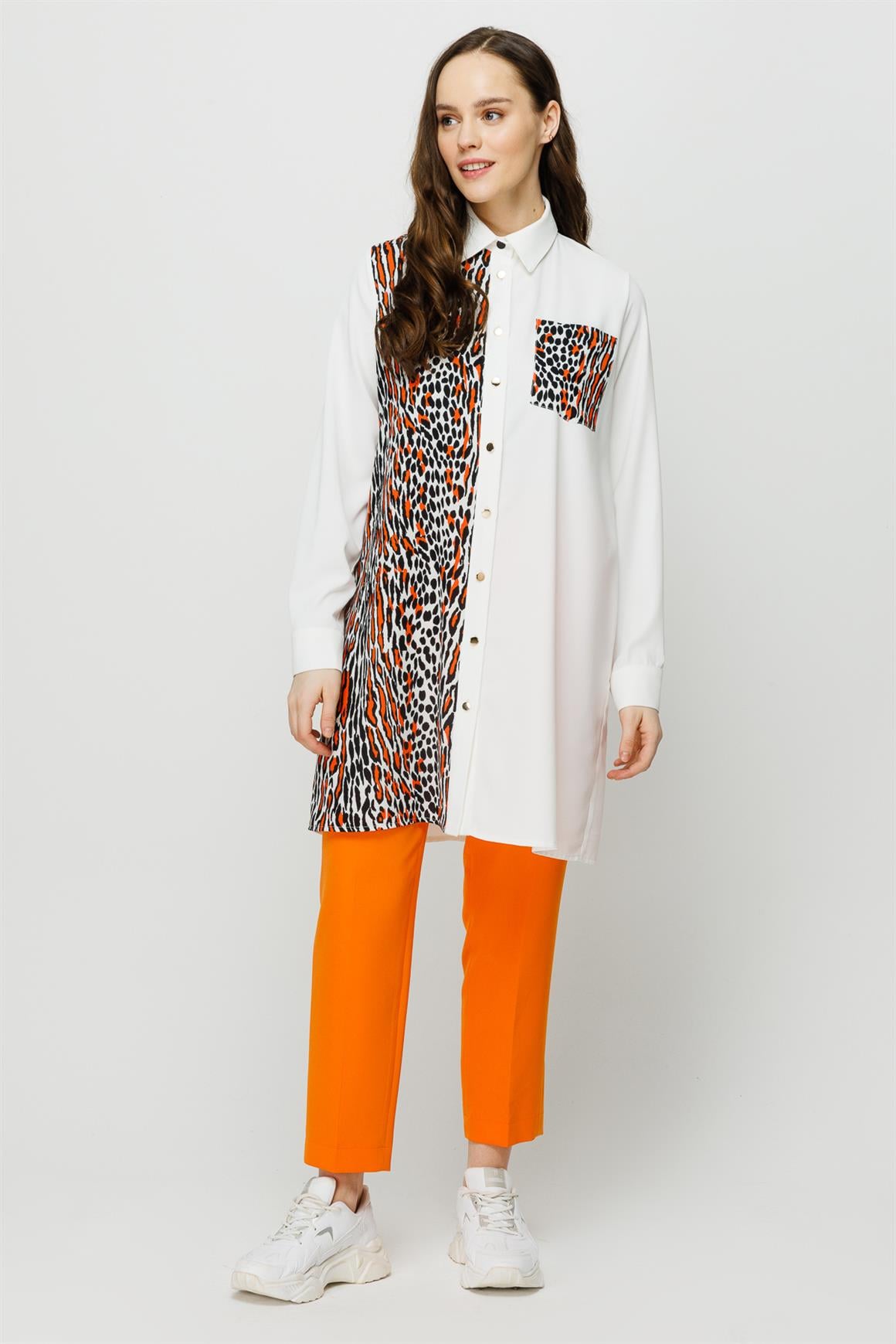 Leopar Baskı Detaylı Şık Tunik  Oranj