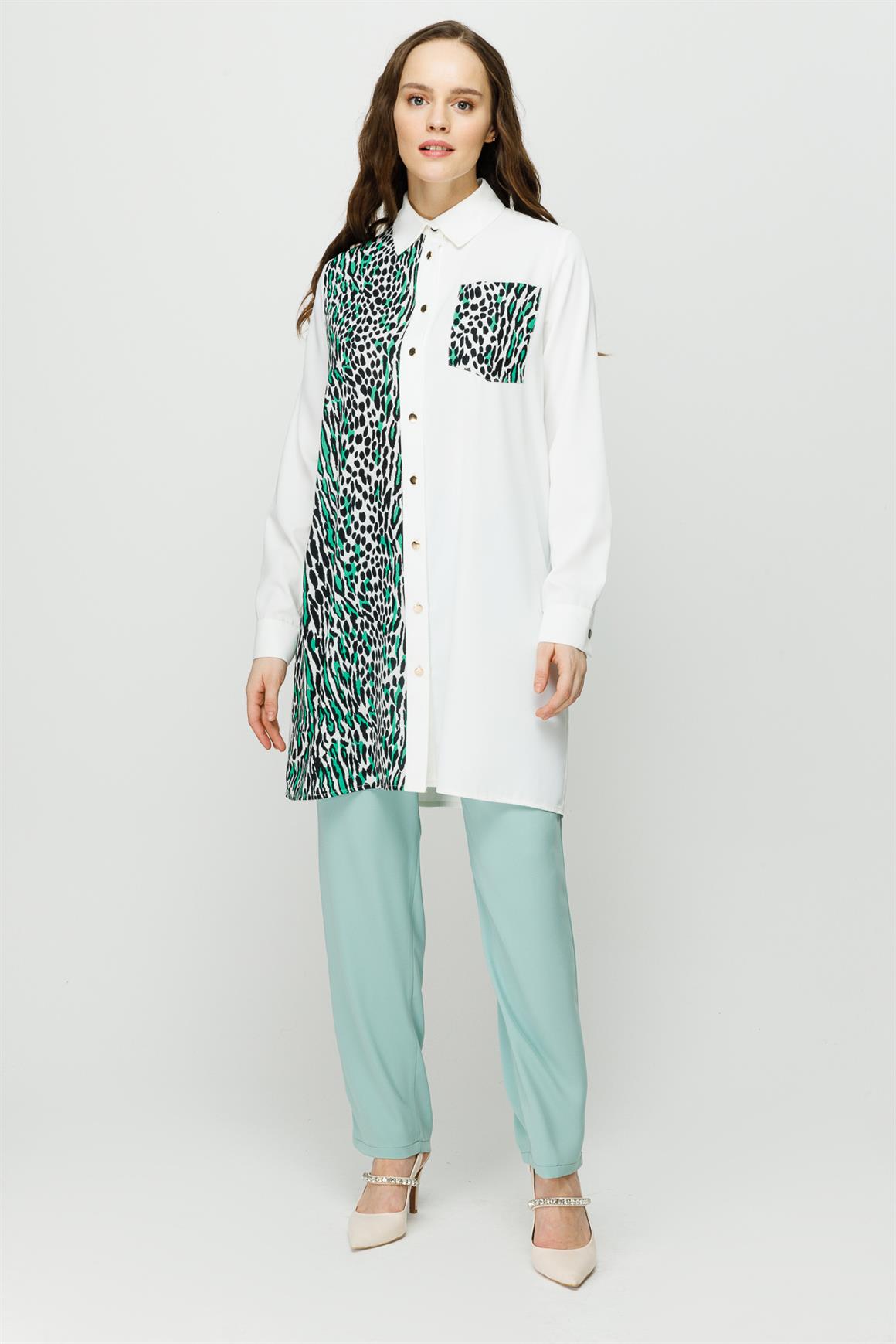 Leopar Baskı Detaylı Şık Tunik  Yeşil