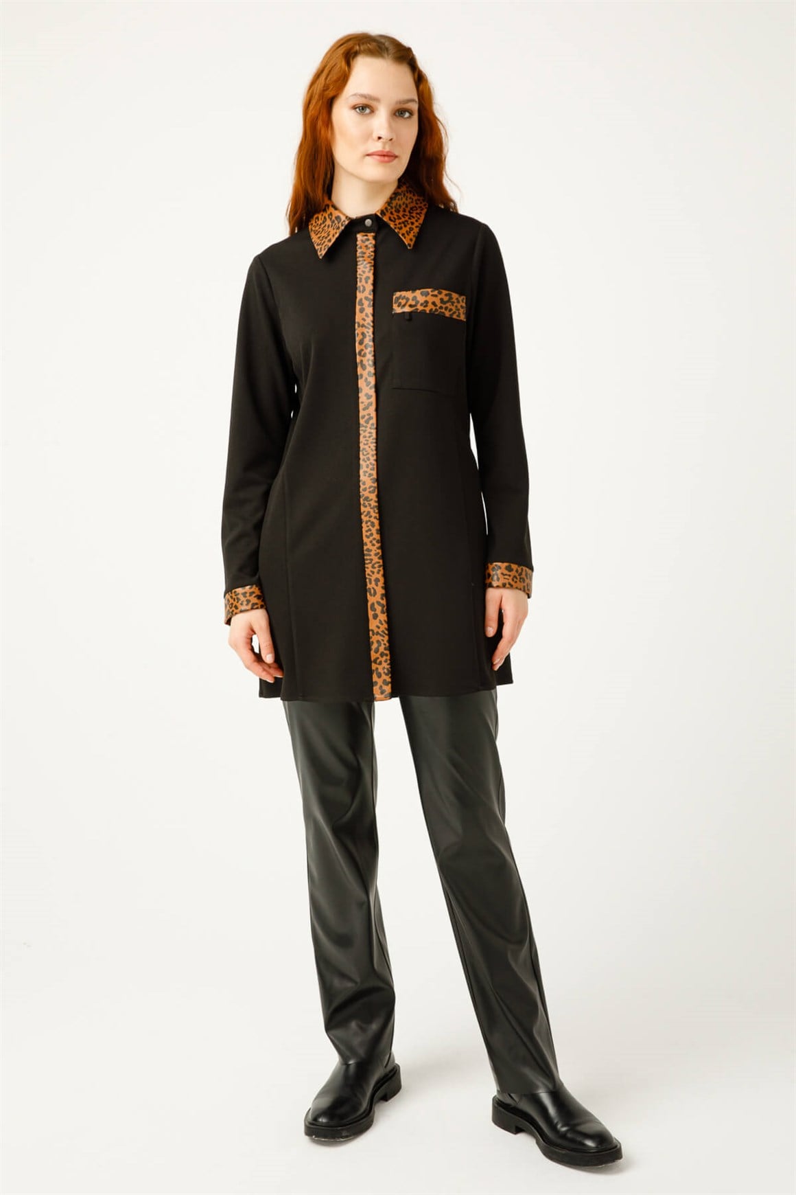 Leopar Deri Garnili Tunik  Siyah