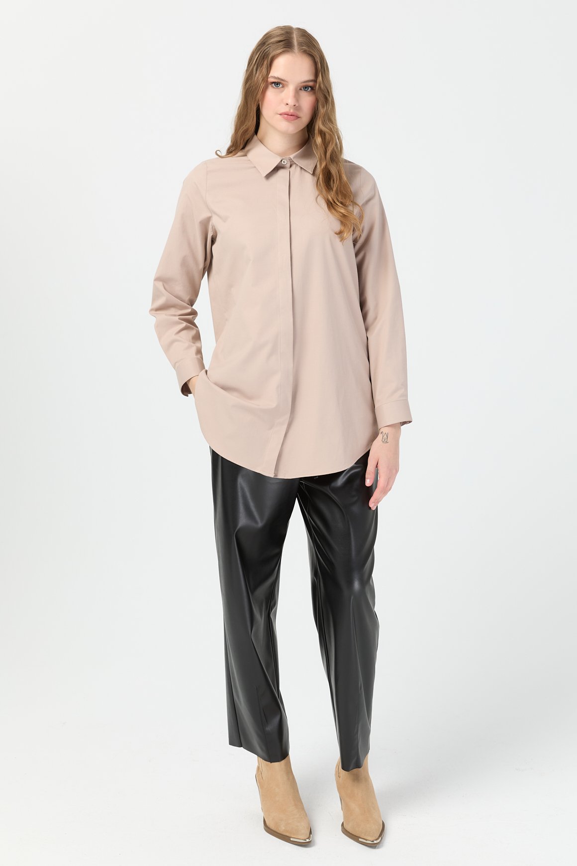 Milano Saten Arka Pileli Tunik  Vizon