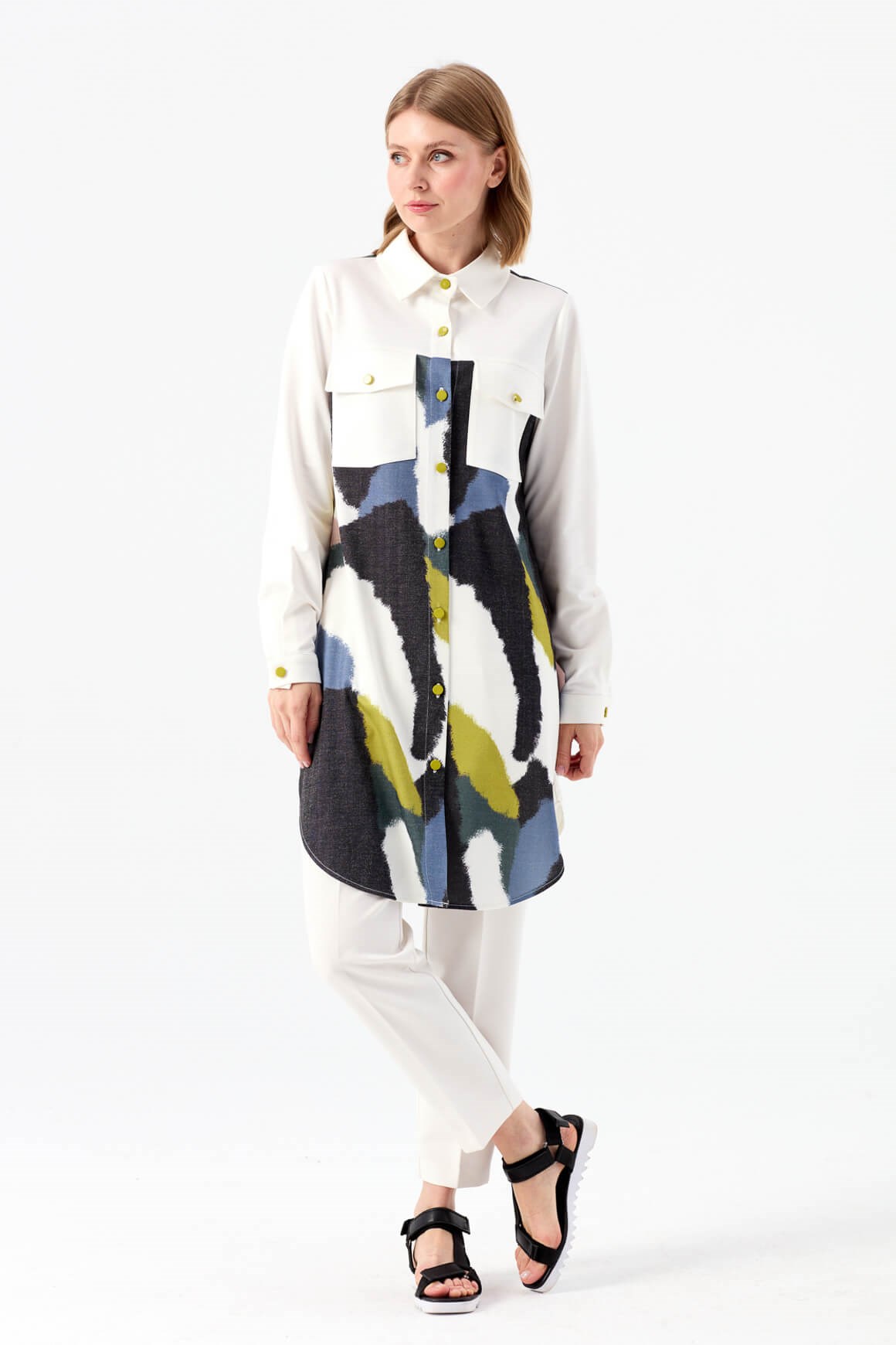 Özel Desen Baskılı Çıt Çıt Kapamalı Giy Çık Ceket  Fıstık Yeşili