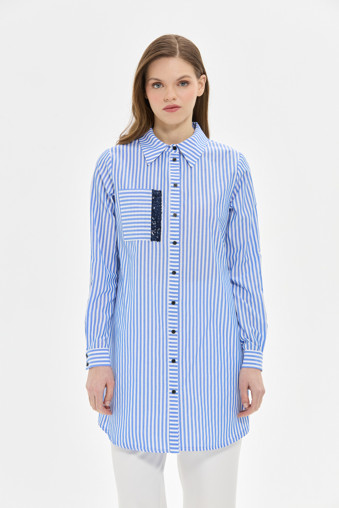 Striped Tunic with Sequin Detail - Blue