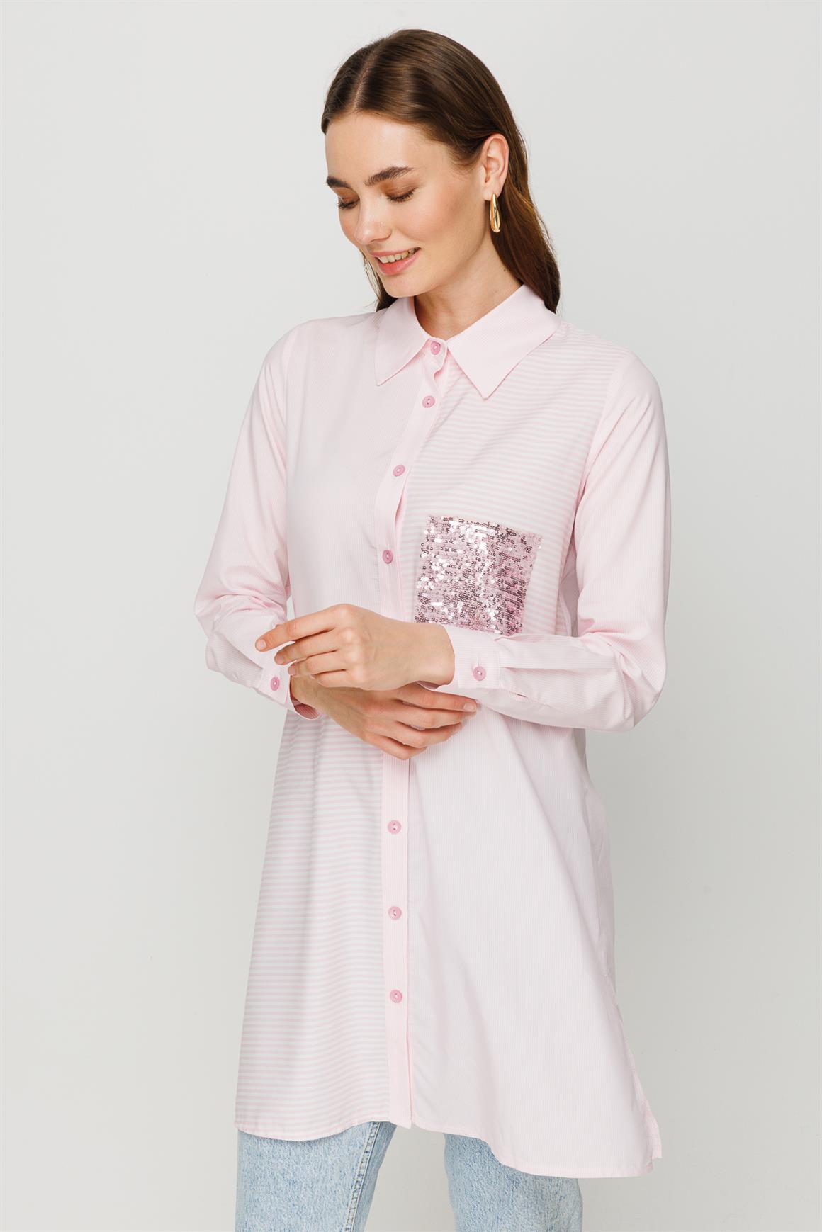 Payet Detaylı Çizgili Tunik  Pembe · 3