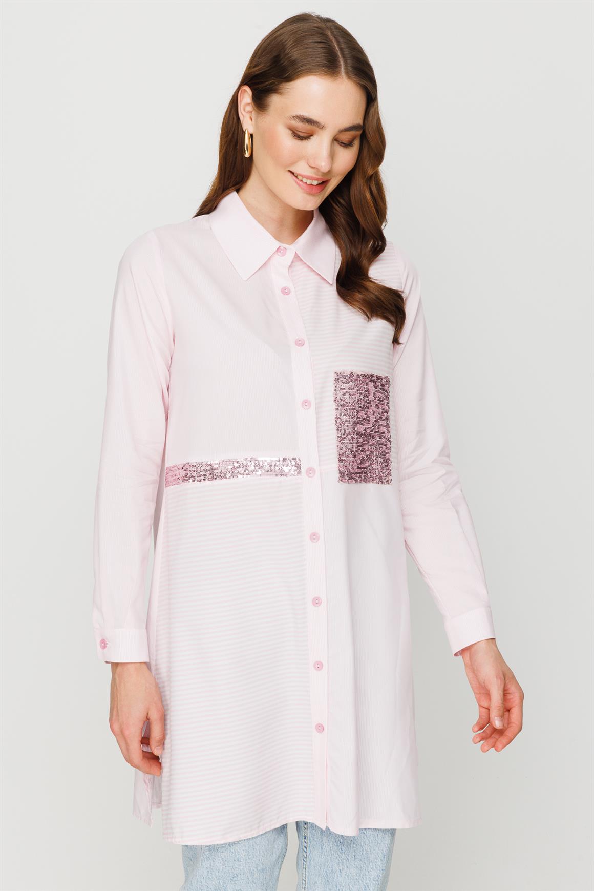 Payet Detaylı Çizgili Tunik  Pembe · 4